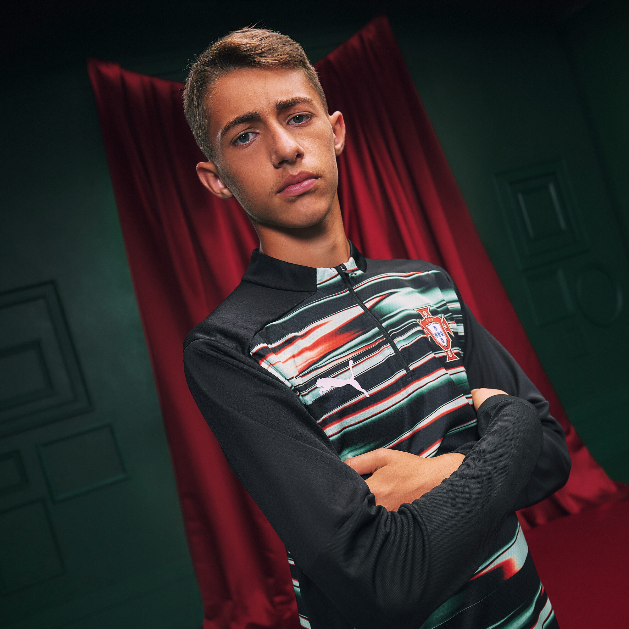 PUMA Portugal prematch-top met kwartrits voor Heren, Zwart/Wit, Maat XS thumbnail 4