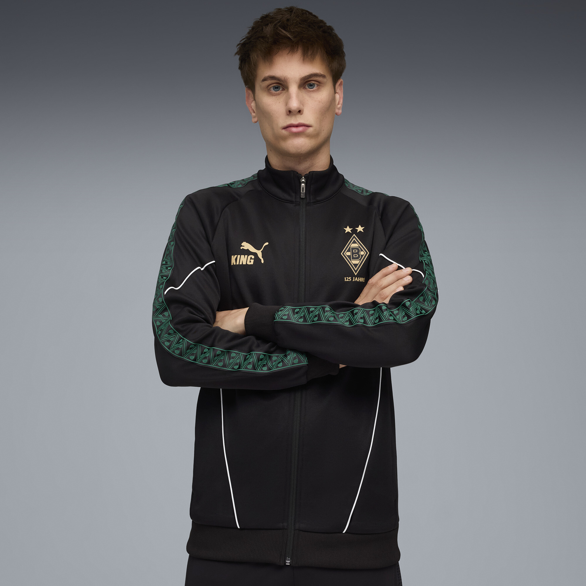 PUMA Borussia MÃ¶nchengladbach KING Anthem jack voor Heren, Zwart/Goud, Maat XS