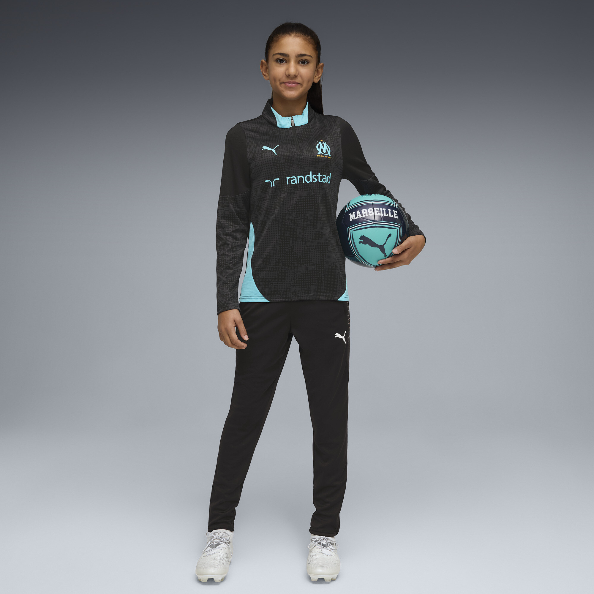 PUMA Olympique de Marseille trainingstop met kwartrits, Zwart, Maat 11-12Y thumbnail 5