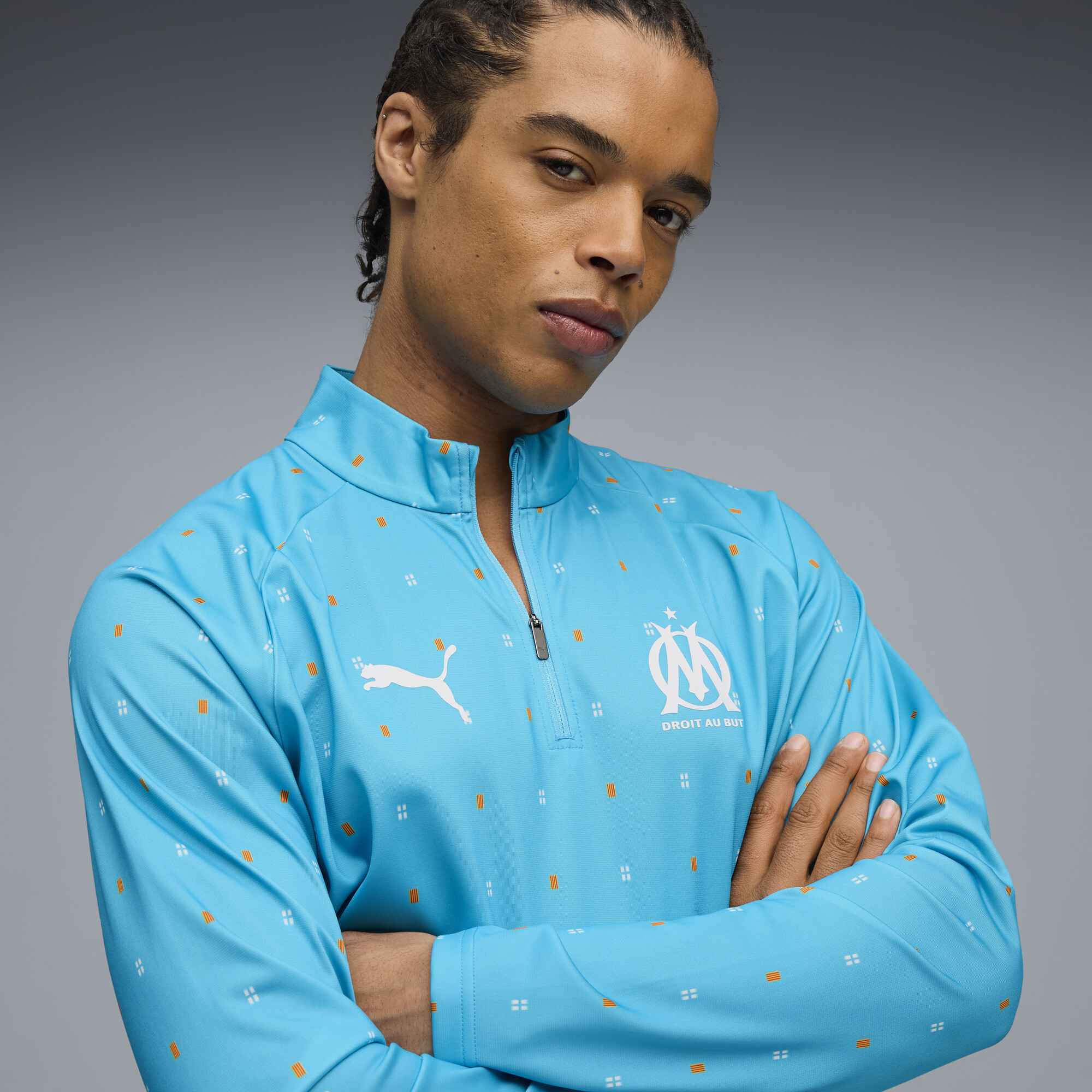 PUMA Olympique de Marseille pre-match top met kwartrits voor Heren, Blauw/Wit, Maat XL thumbnail 5