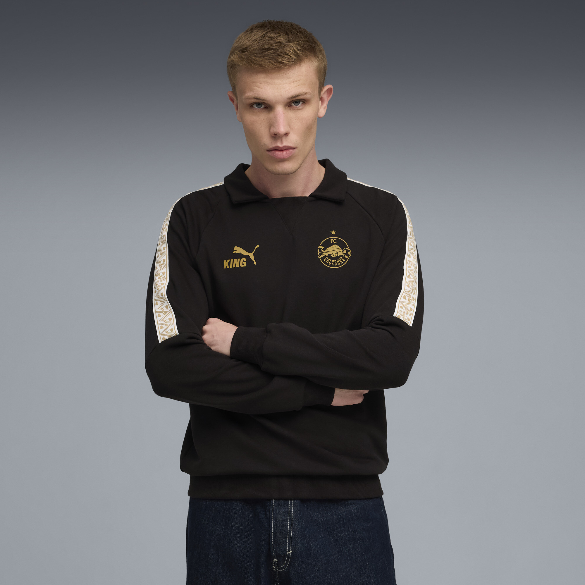 PUMA FC Rood Bull Salzburg KING Drill Top voor Heren, Zwart/Goud, Maat L thumbnail 4