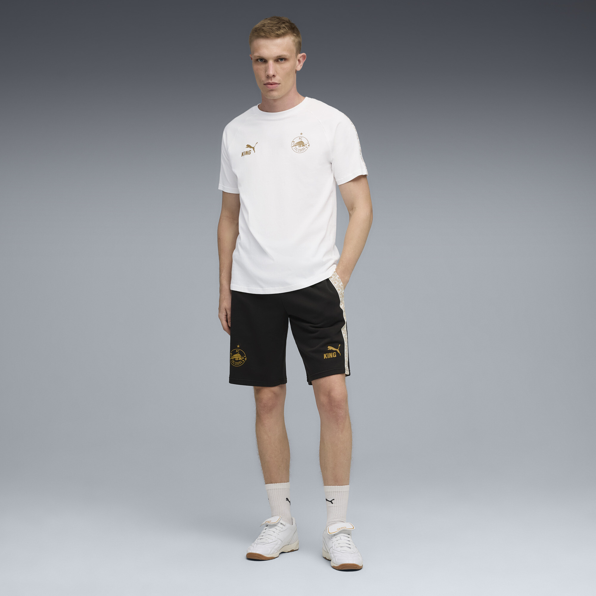 PUMA FC Rood Bull Salzburg KING sweatshort voor Heren, Zwart/Goud, Maat XXL thumbnail 3