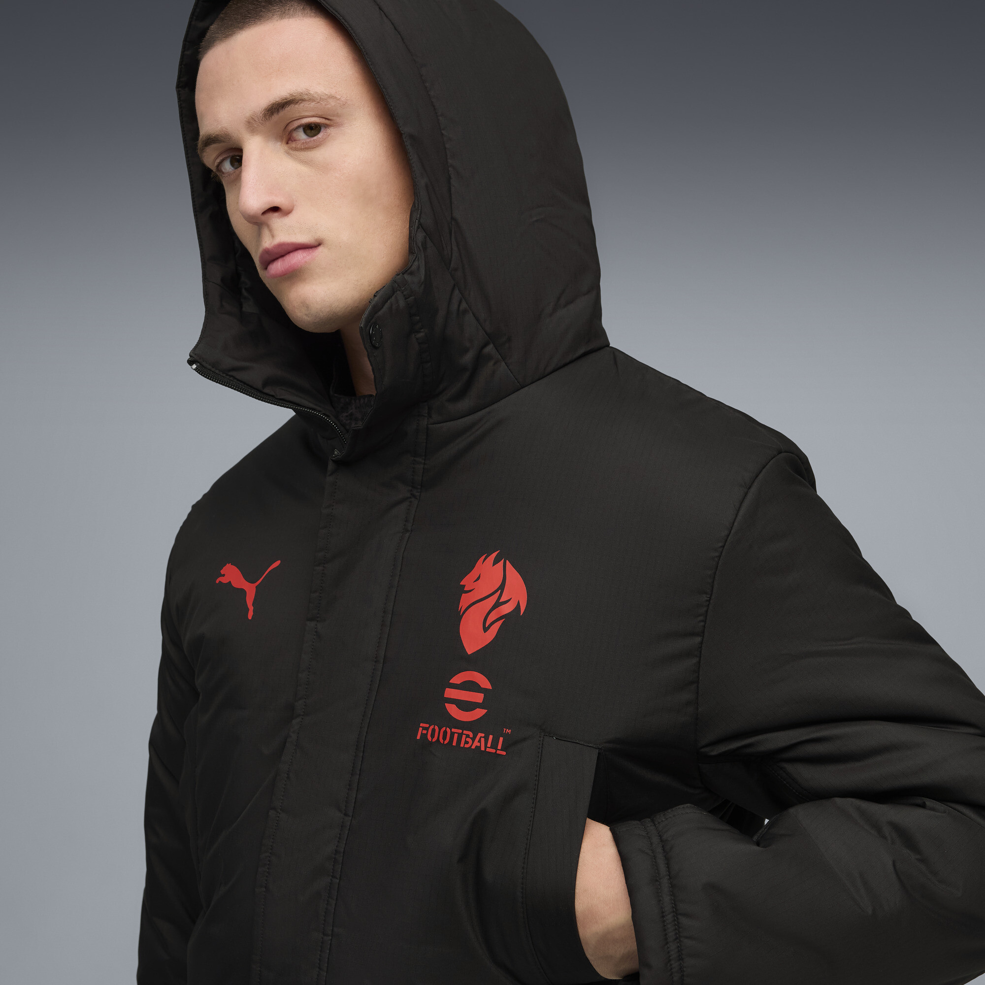 PUMA AC Milan wintertrainingsjack voor Heren, Zwart/Rood, Maat M thumbnail 7