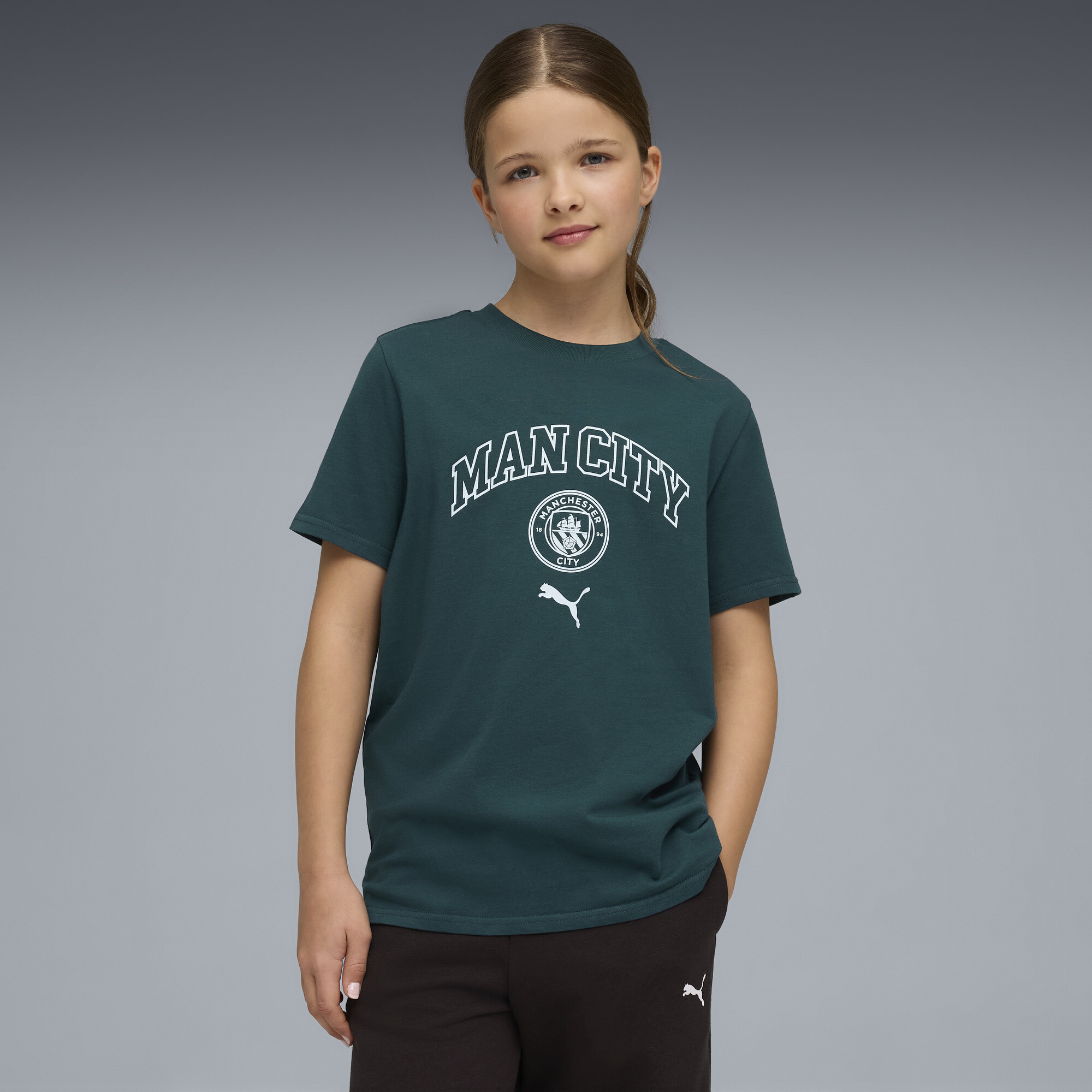 PUMA Manchester City FtblCulture Big Kids' Soccer T-Shirt in Green, Size S