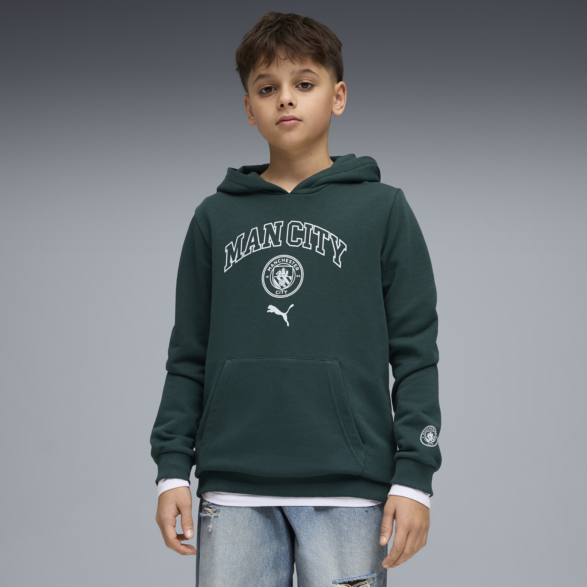 PUMA Manchester City FtblCulture Big Kids' Soccer Hoodie in Green, Size M