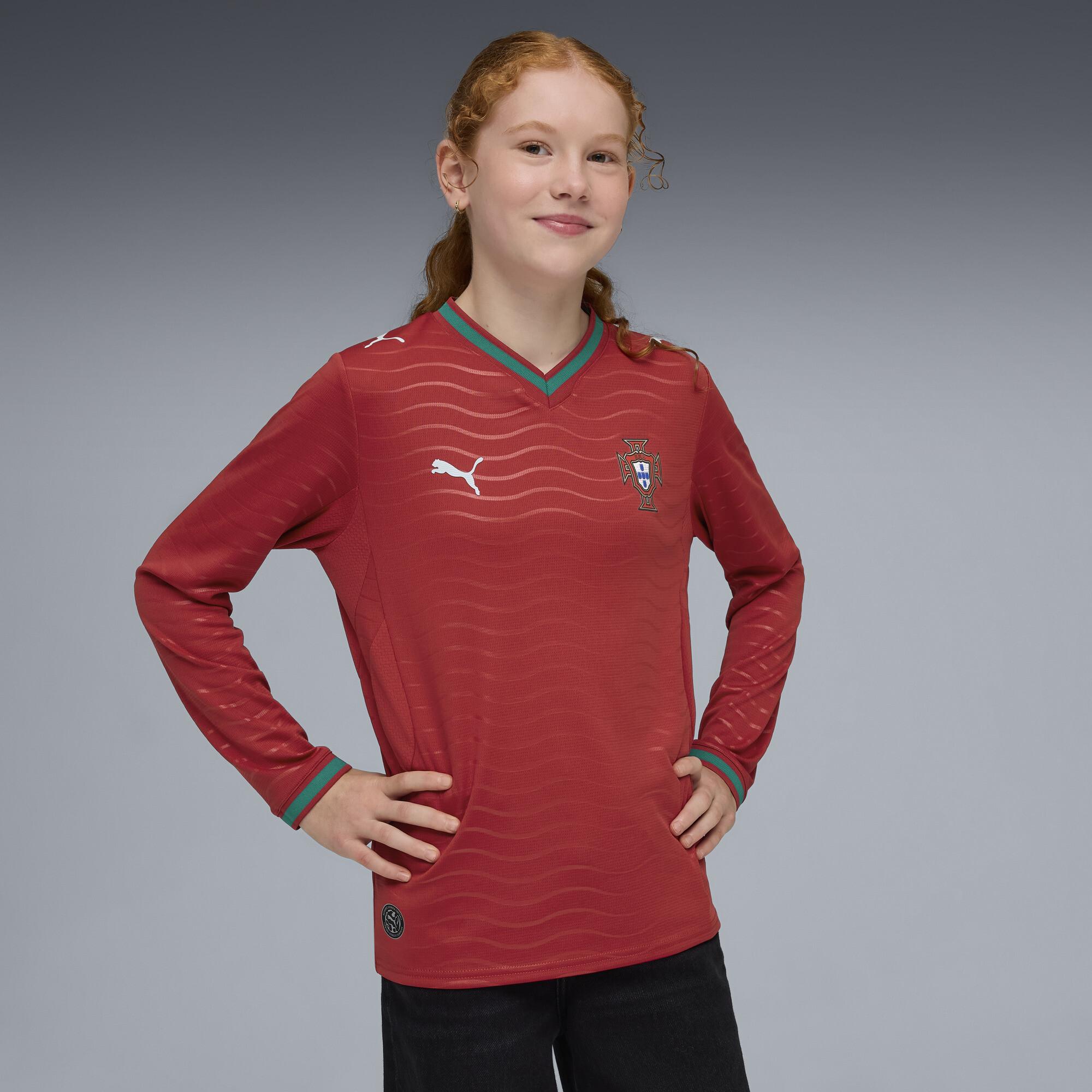 PUMA Portugal 2026 thuisshirt met lange mouwen, Groen/Rood, Maat 7-8Y thumbnail 5