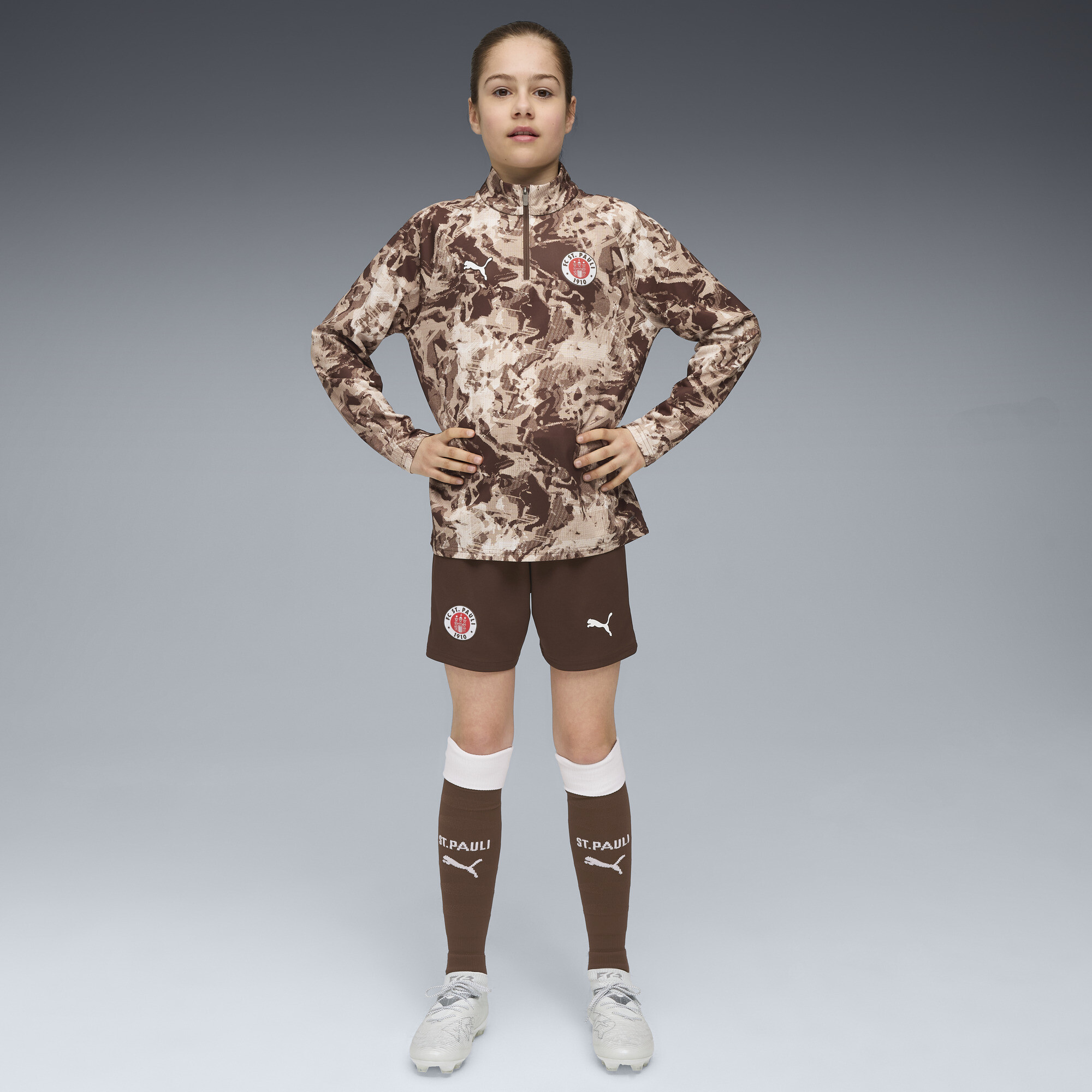 PUMA FC St. Pauli prematch-top met kwartrits, Wit/Bruin, Maat 5-6Y thumbnail 5