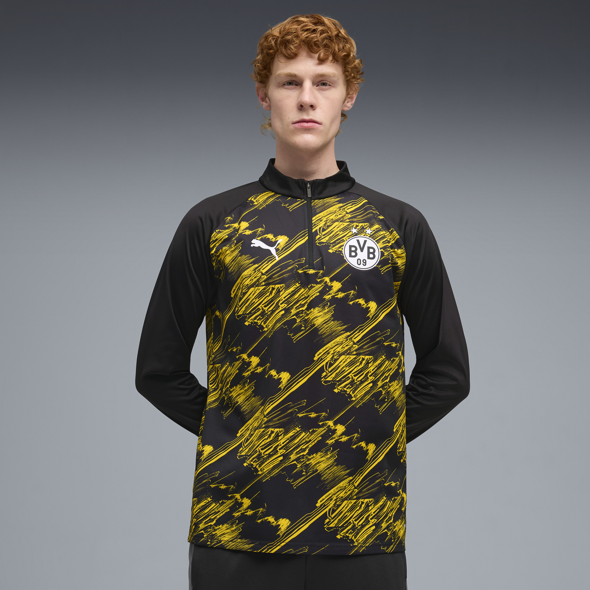 PUMA Borussia Dortmund warm-up-top met kwartrits voor Heren, Zwart/Geel, Maat XS thumbnail 4