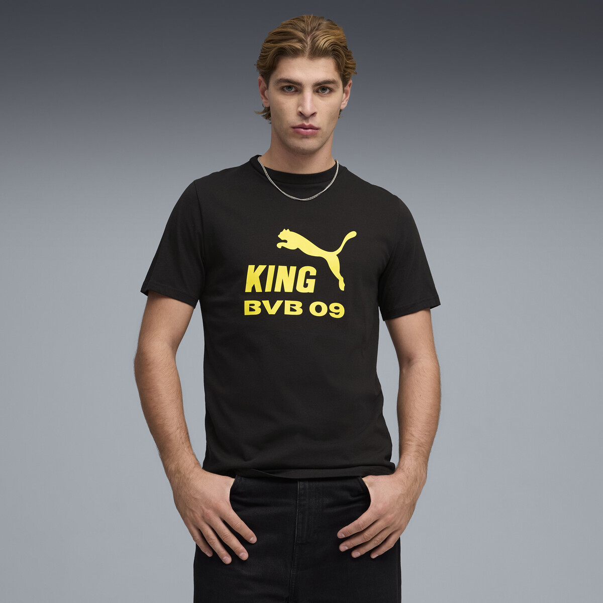 Borussia Dortmund KING Logo T-Shirt Men in Black/Faster Yellow by PUMA, XS