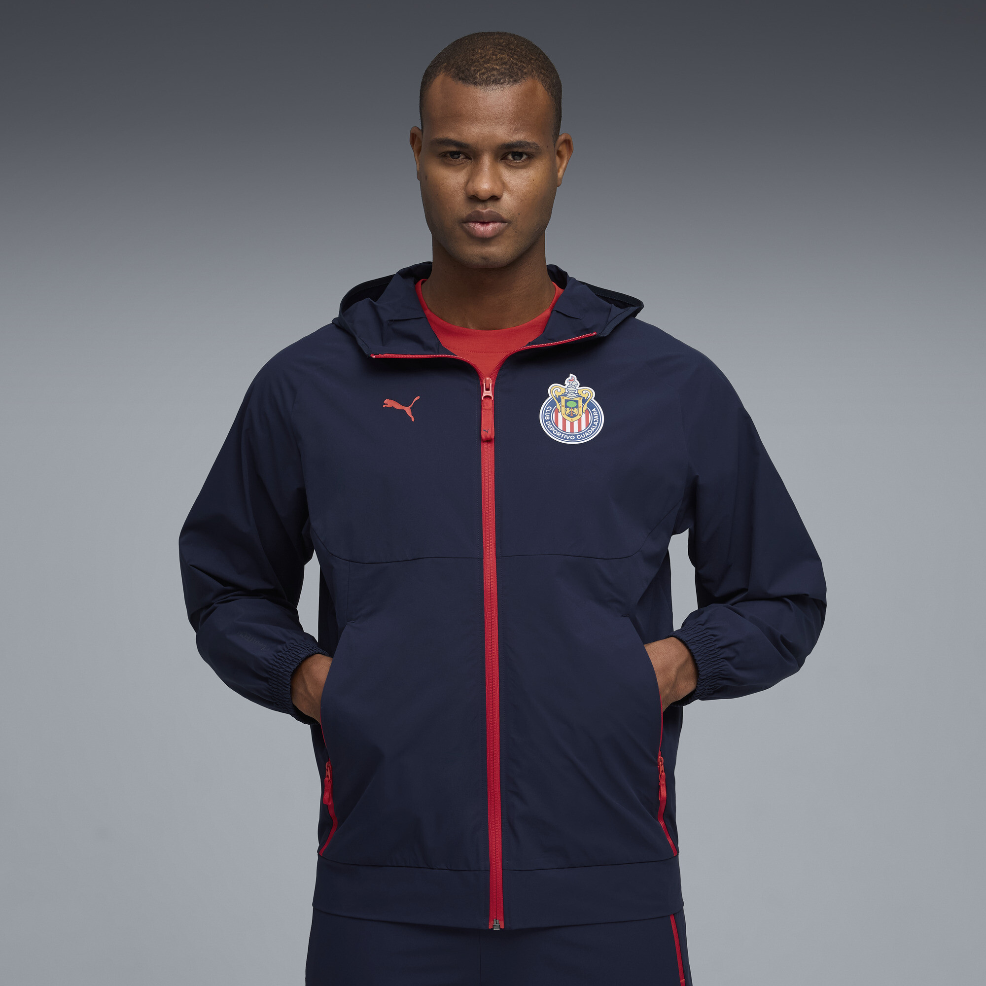 C.D. Guadalajara PUMATECH Men's Woven Soccer Jacket in Blue, Size XS