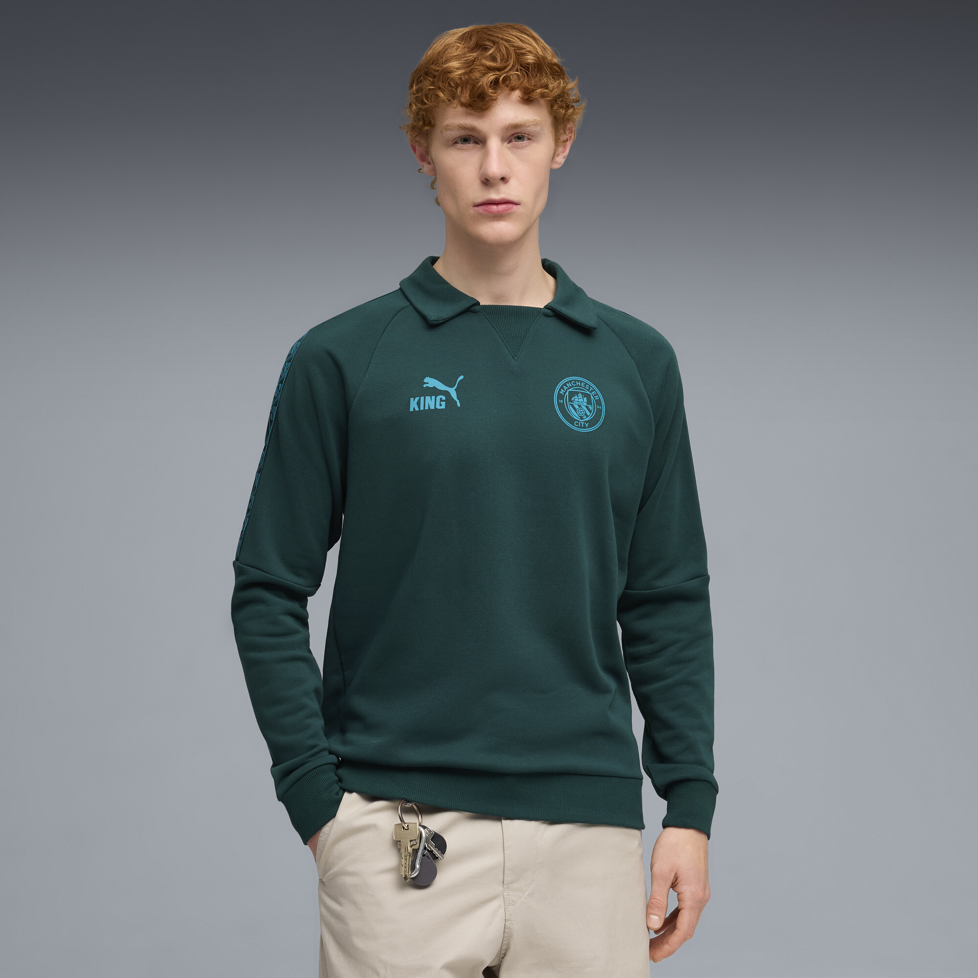 PUMA Manchester City KING Drill Crew sweatshirt voor Heren, Blauw/Groen, Maat M thumbnail 4