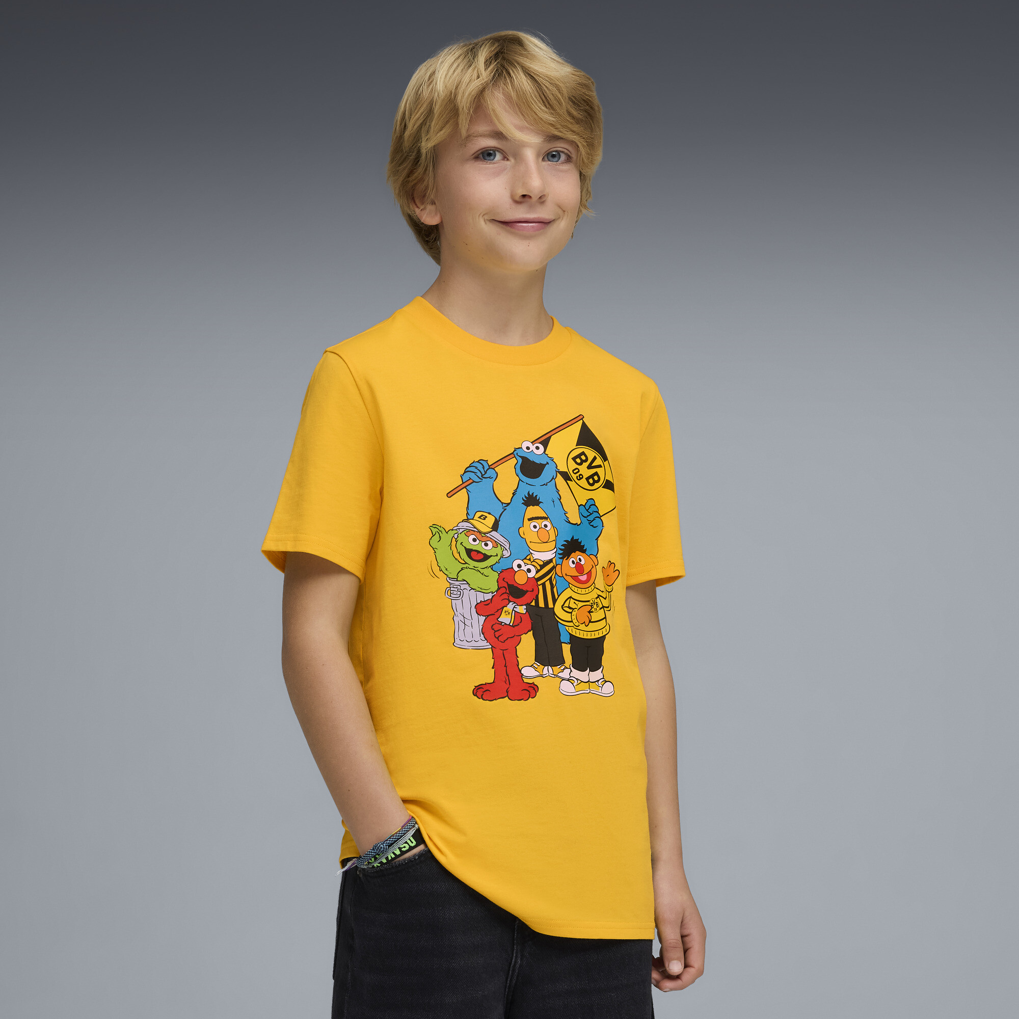 PUMA Borussia Dortmund x Sesamstraat T-shirt voor Heren, Zwart/Geel, Maat 11-12Y thumbnail 4