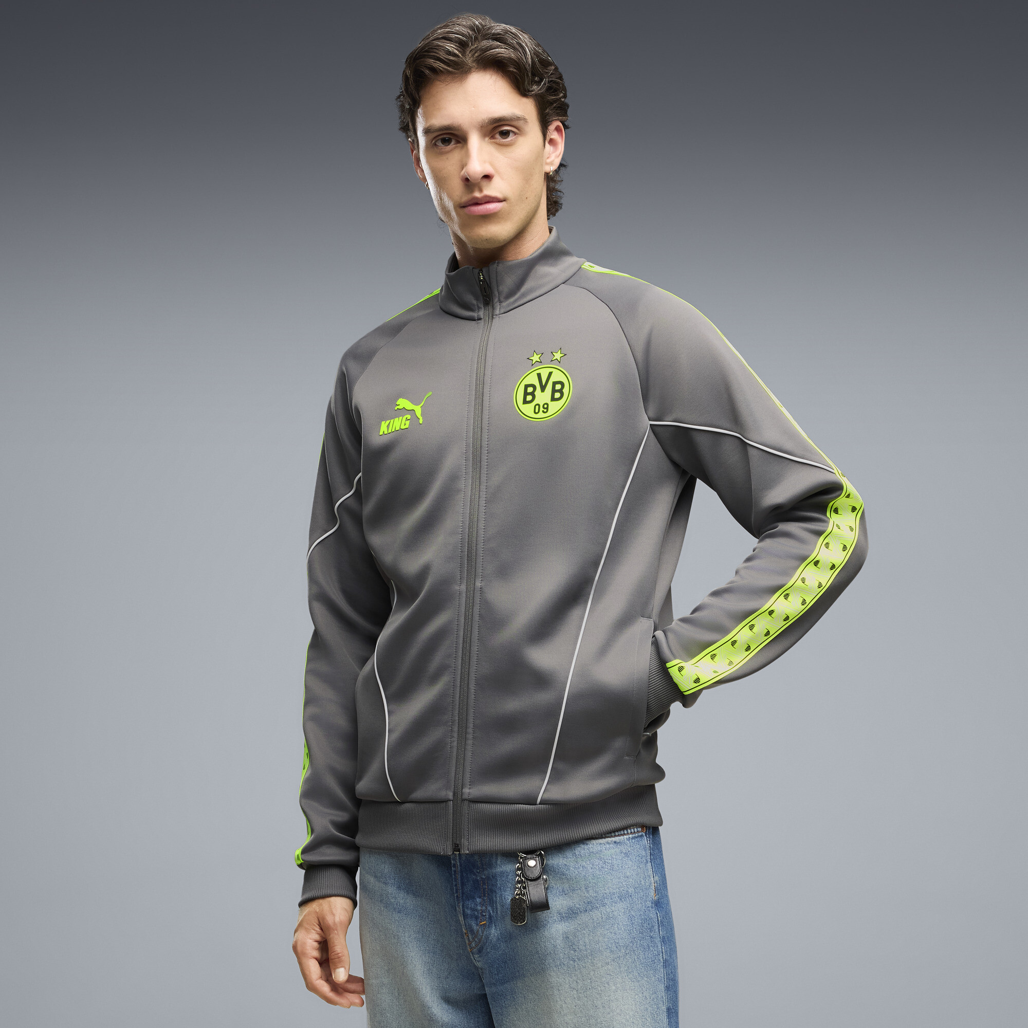 PUMA Borussia Dortmund KING Anthem Jacke mit Reißverschluss Herren, Kleidung, Grau, XXL