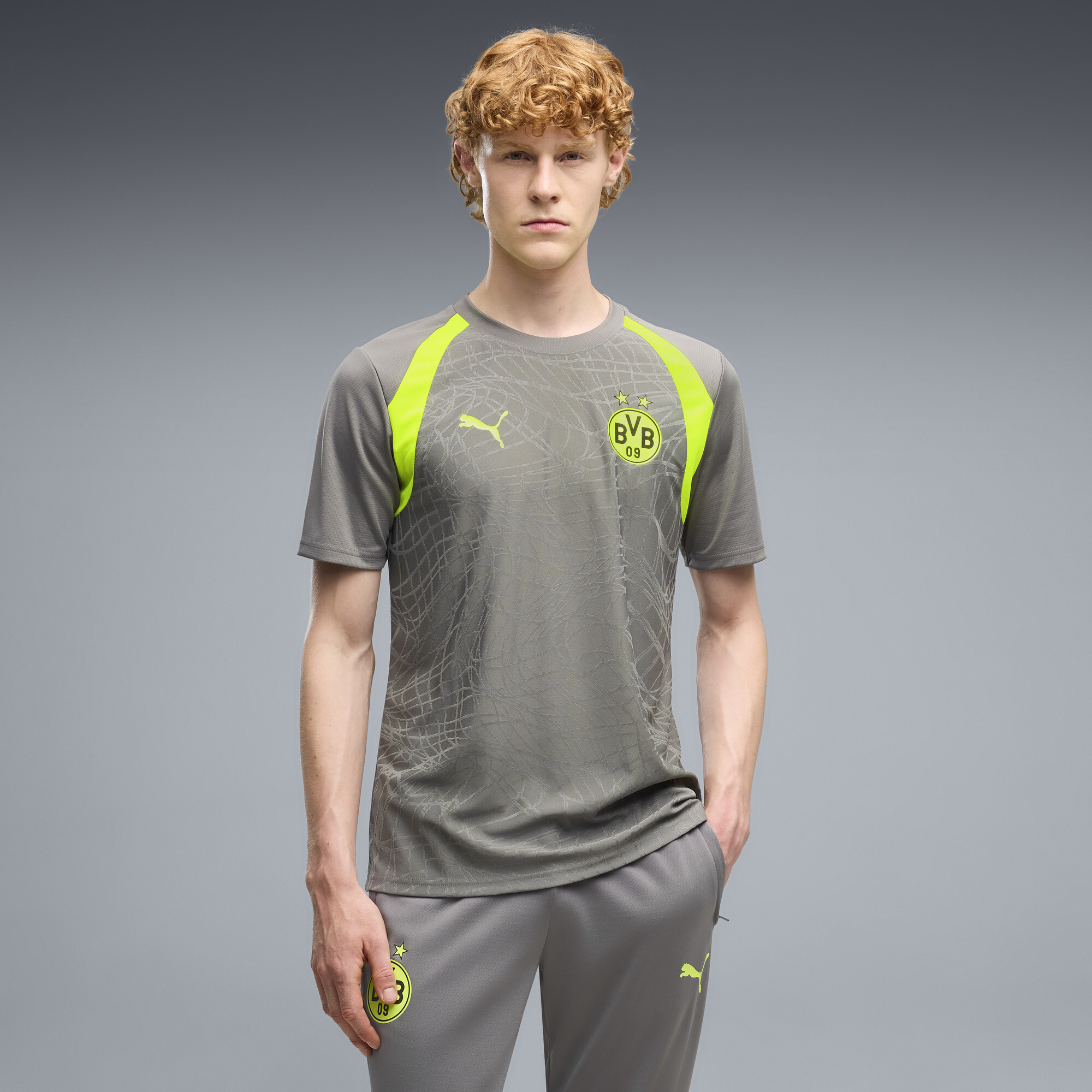 PUMA Borussia Dortmund Men's Slim Soccer Training Jersey in Grey, Size L
