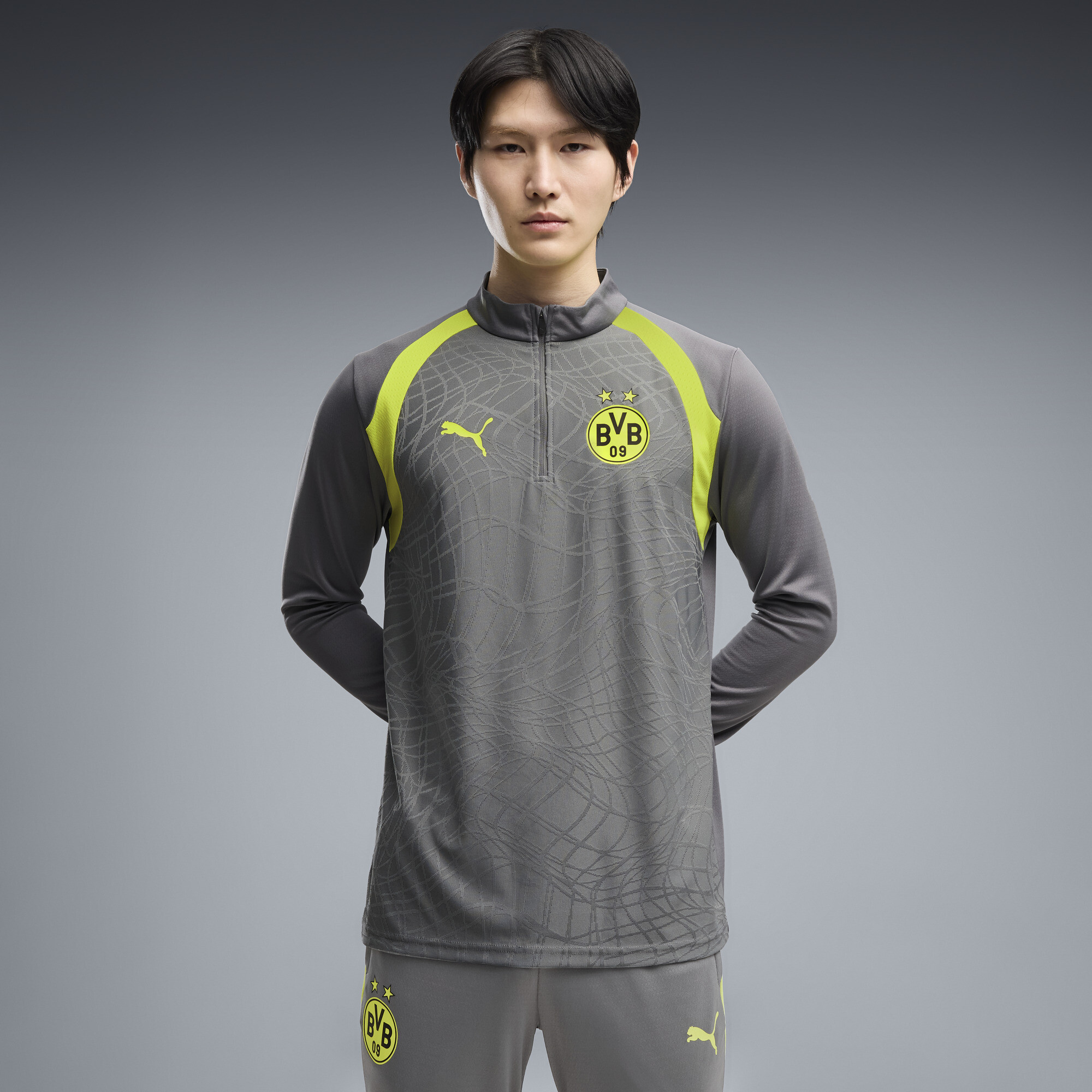 PUMA Borussia Dortmund Men's Quarter-Zip Soccer Training Top in Grey, Size 3XL