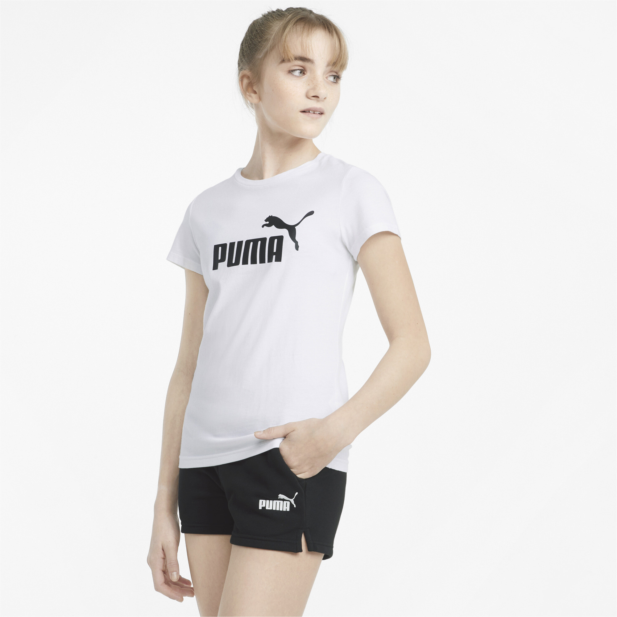 Women's Puma Logo Tee And Shorts Youth Set, White, Size 11-12Y, Clothing