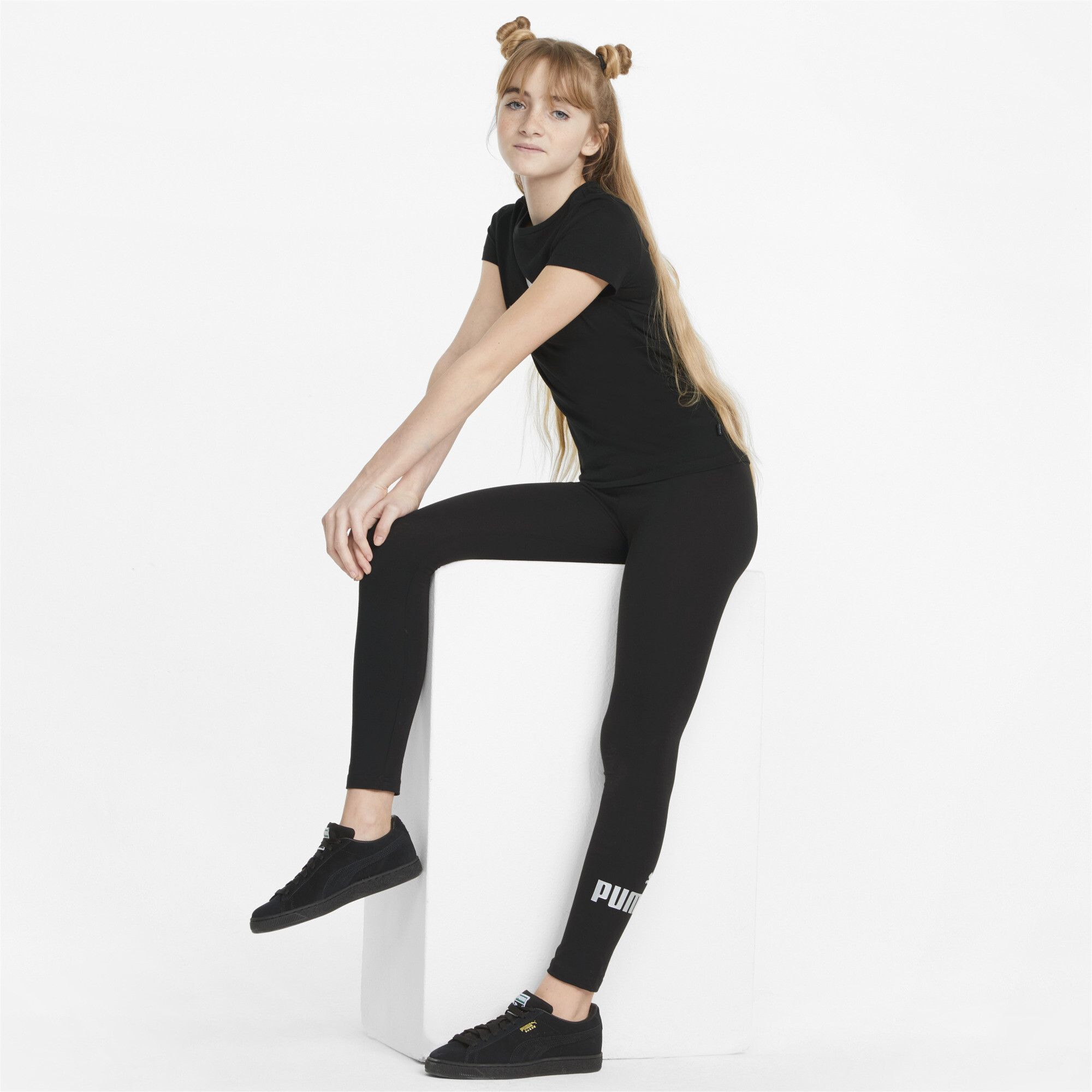 PUMA Essentials+ Logo Leggings In Black, Size 15-16 Youth