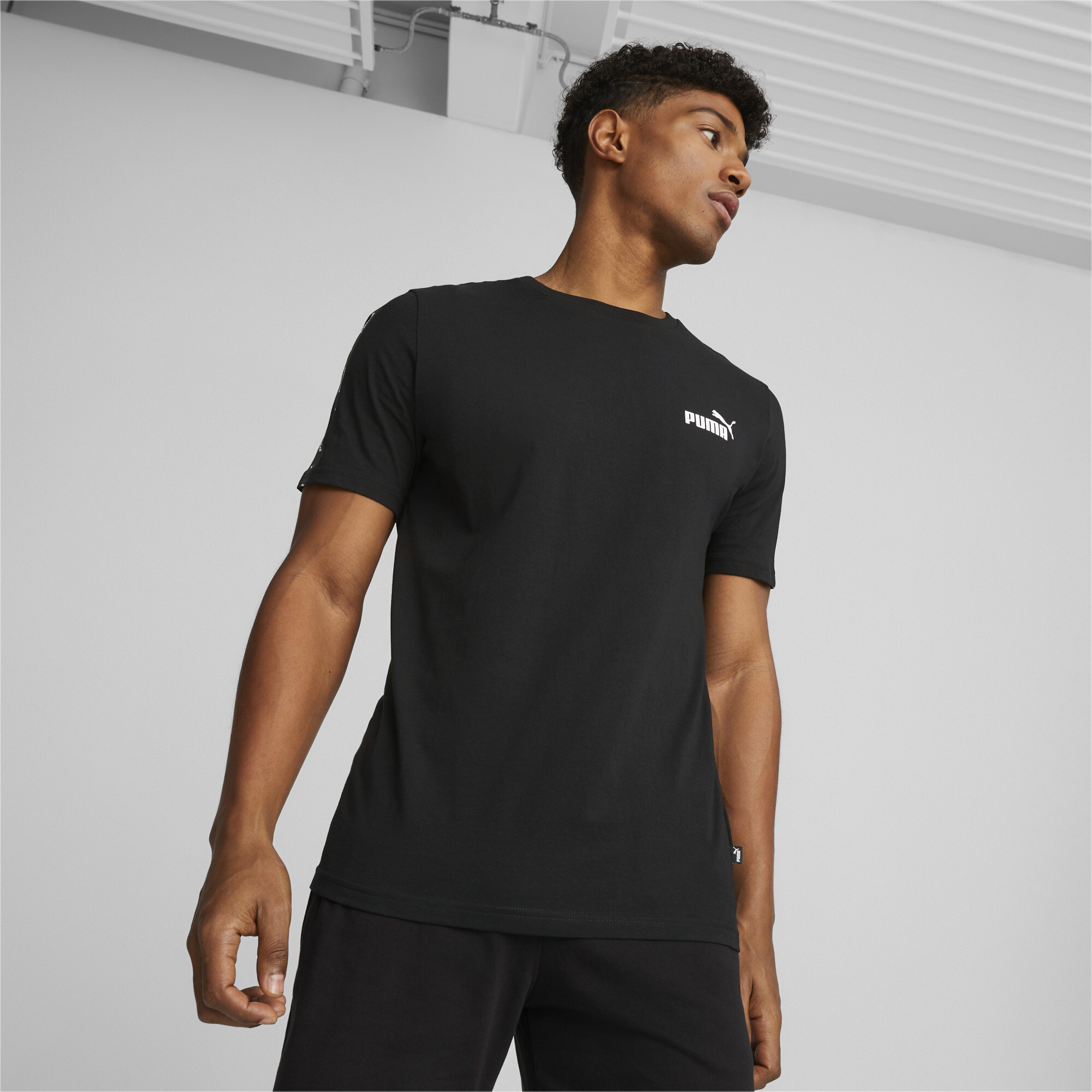 Men's PUMA Essentials+ Tape T-Shirt In 10 - Black, Size Large