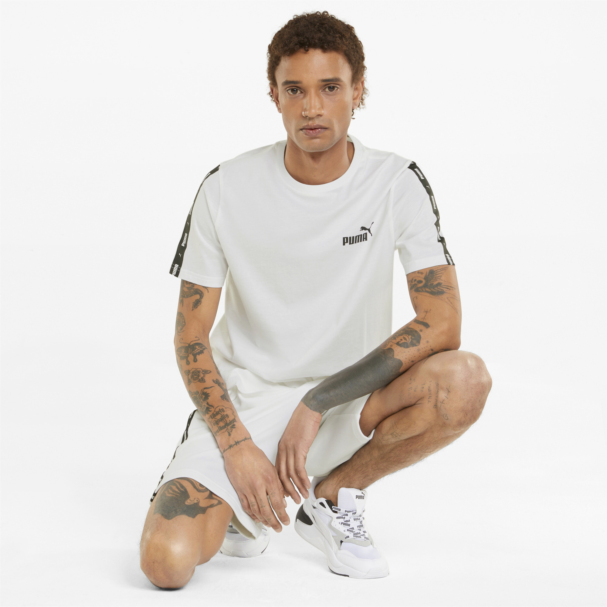 Men's Puma Essentials+ Tape's T-Shirt, White, Size XXL, Clothing