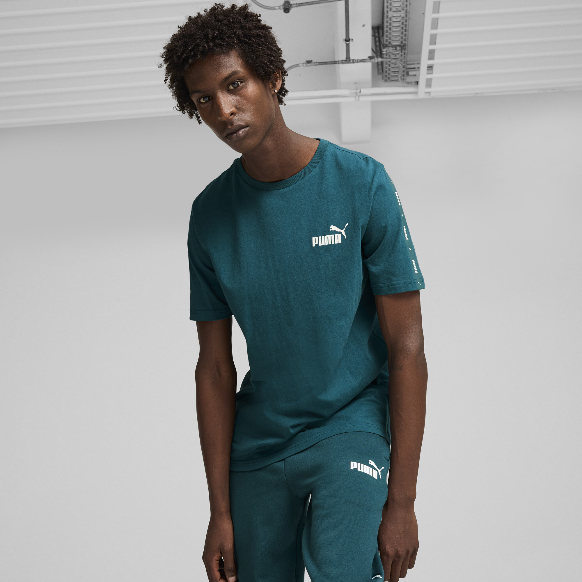 Men's Puma Essentials+ Tape T-Shirt, Green, Size S, Clothing