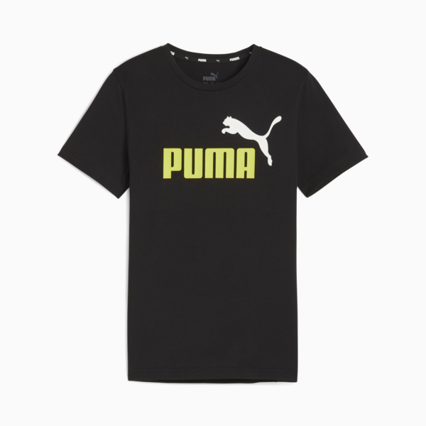Essentials+ Two Tone Logo Youth Tee, PUMA Black-Lime Sheen, large-ZAF