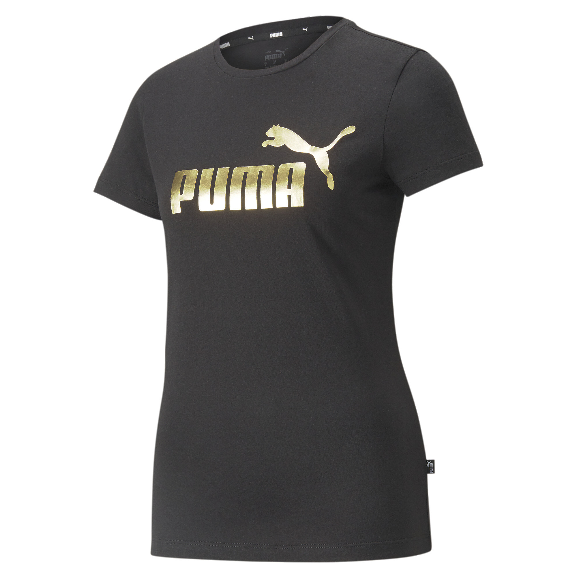 Women's Puma Essentials+ Metallic Logo T-Shirt, Black, Size XS, Clothing