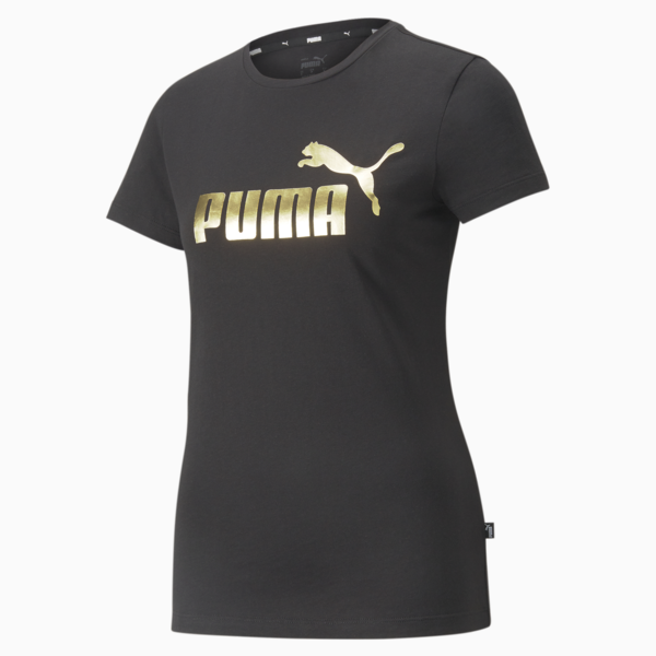 Essentials+ Metallic Logo Women's Tee, Puma Black-Gold foil, large-MEX