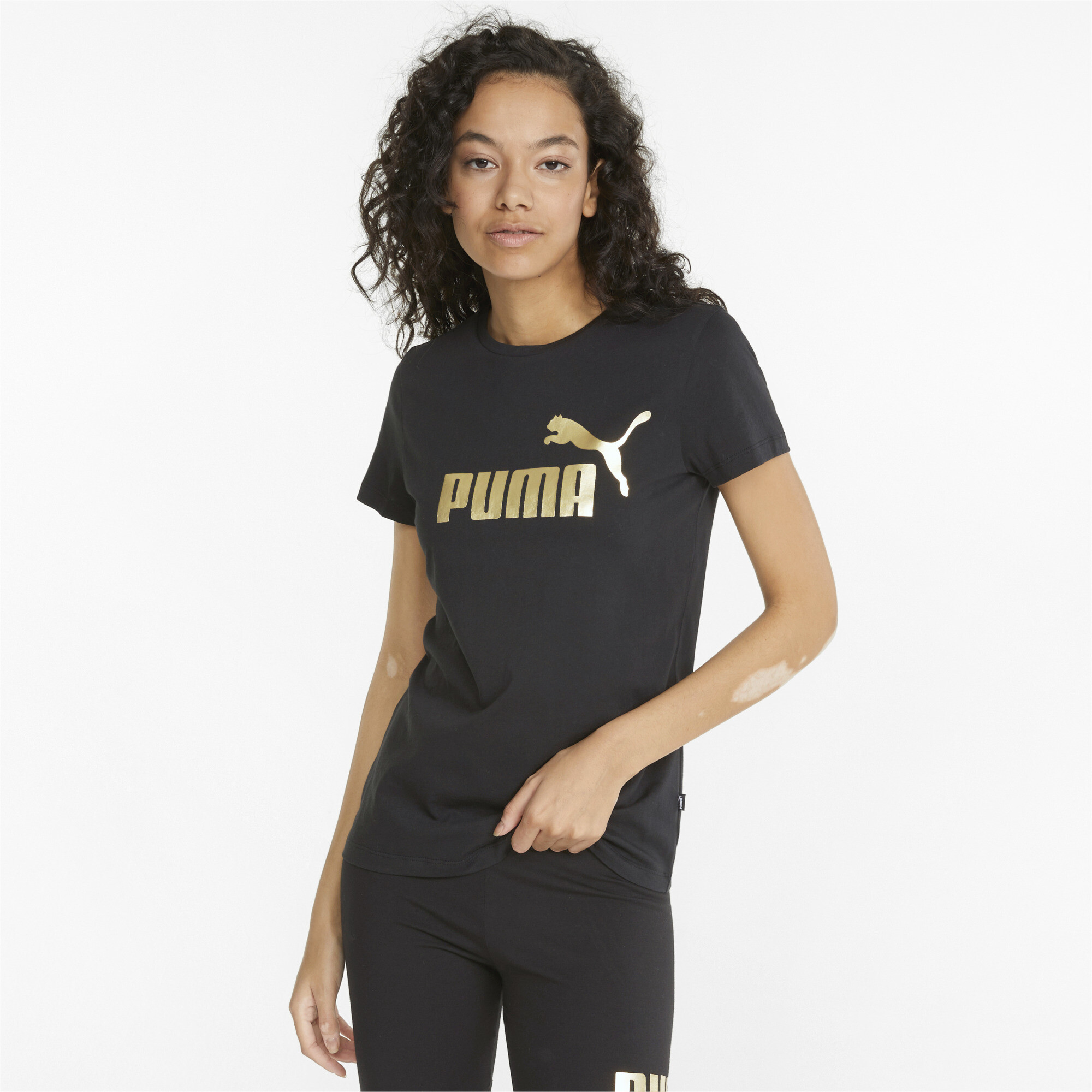 Puma Essentials+ Metallic Logo T-Shirt Damen | Mit Plain | Black/Gold Foil | Größe: XS