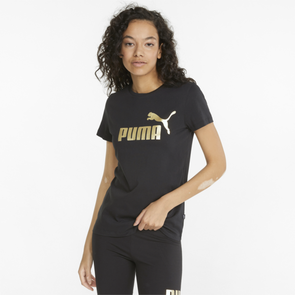 Essentials+ Metallic Logo Women's Tee, Puma Black-Gold foil, large-MEX