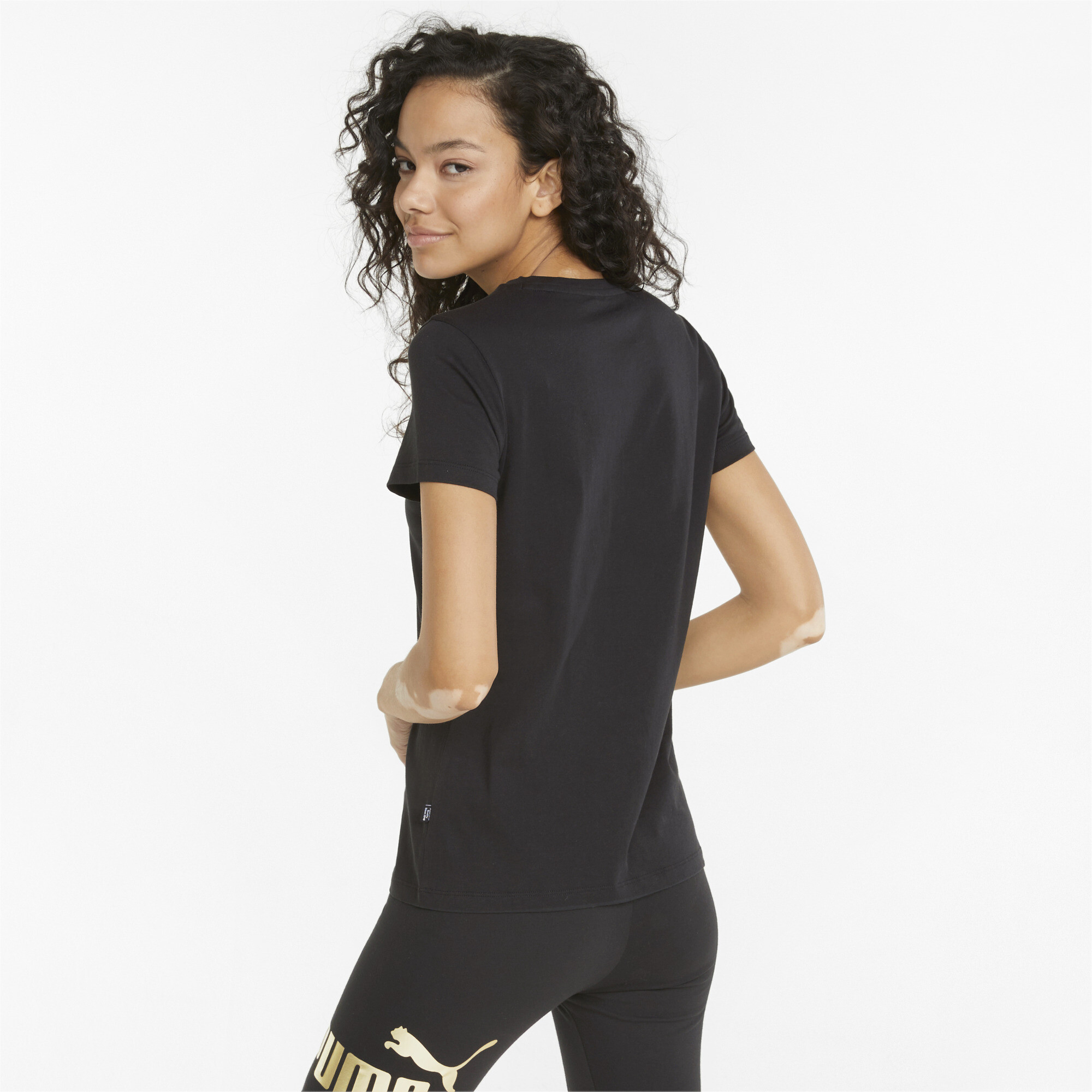 Women's PUMA Essentials+ Metallic Logo T-Shirt In Black/Gold, Size XS
