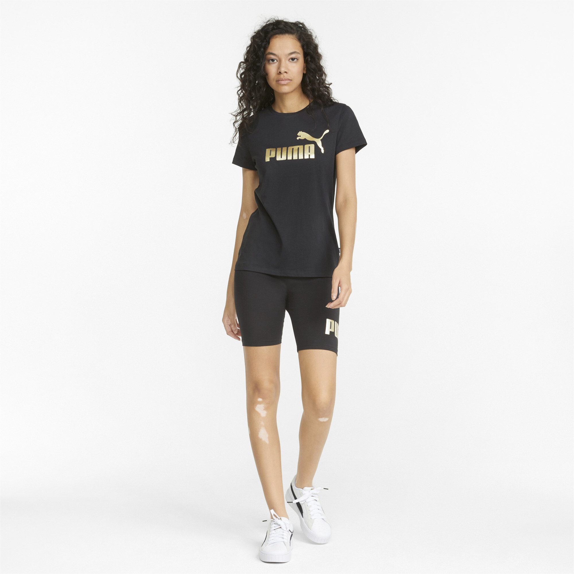 Women's Puma Essentials+ Metallic Logo T-Shirt, Black, Size XS, Clothing