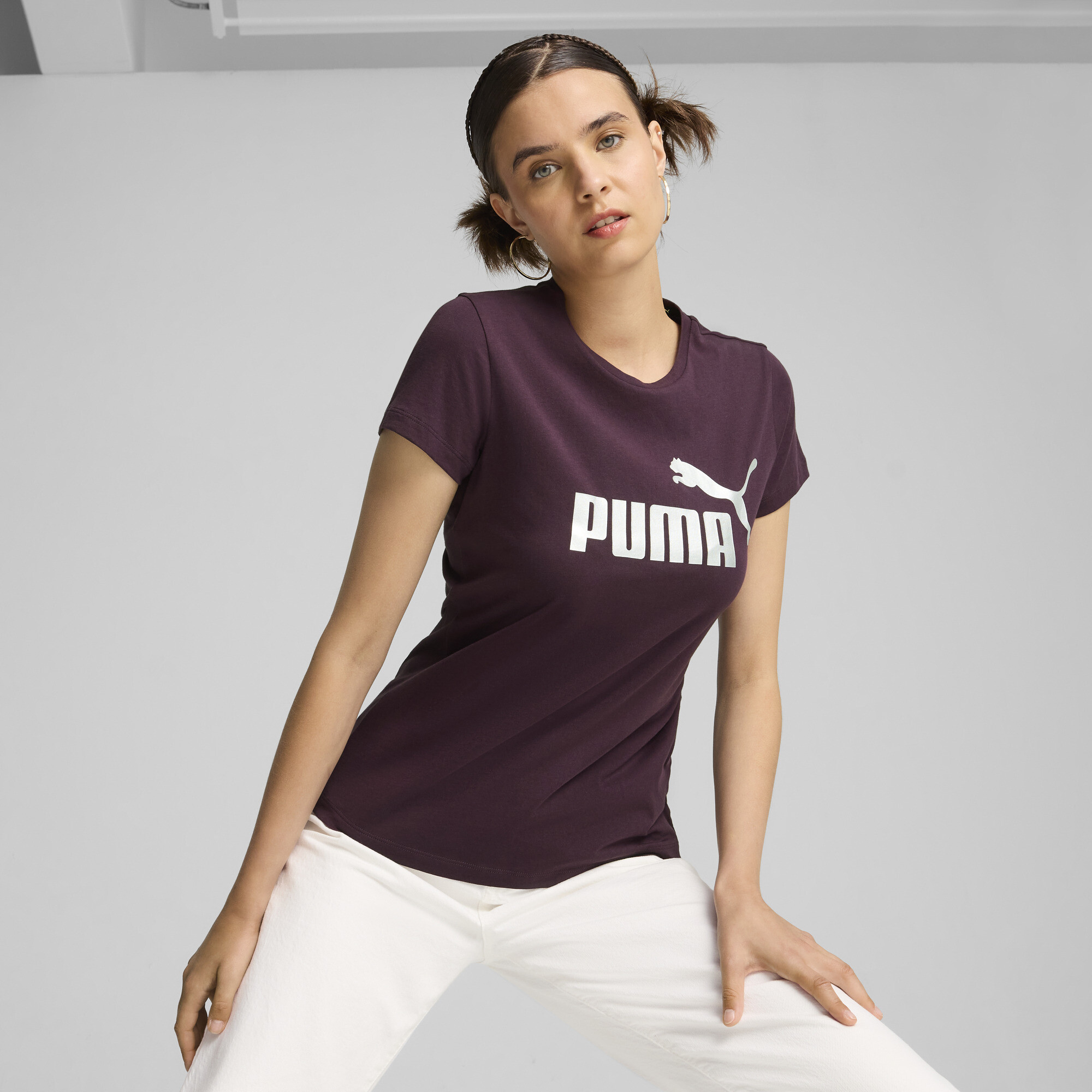 Women's Puma Essentials+ Metallic Logo T-Shirt, Purple, Size M, Clothing