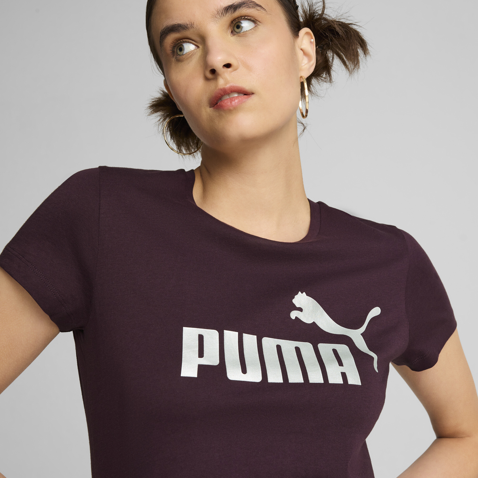 Women's Puma Essentials+ Metallic Logo T-Shirt, Purple, Size M, Clothing