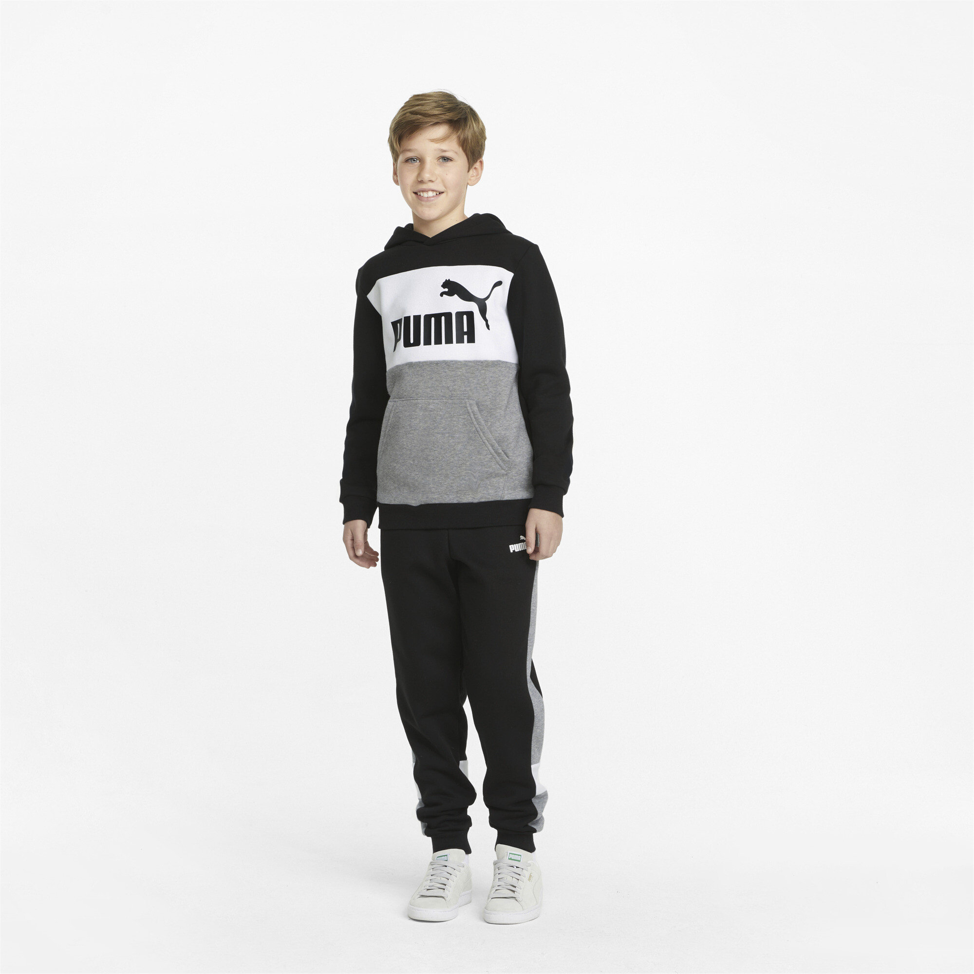 Men's Puma Essentials+ Colourblock Youth Hoodie, Black, Size 3-4Y, Clothing