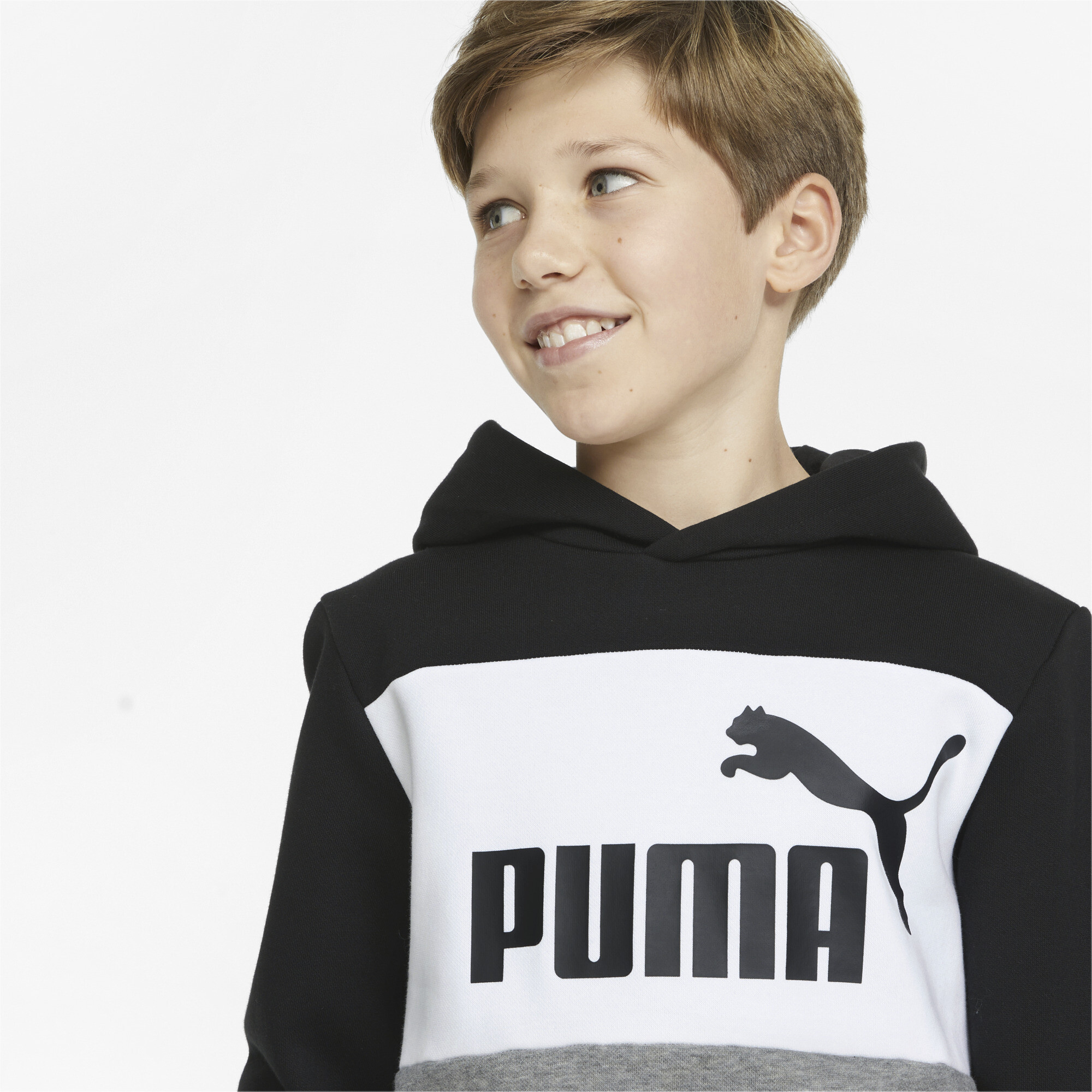 Men's Puma Essentials+ Colourblock Youth Hoodie, Black, Size 9-10Y, Clothing