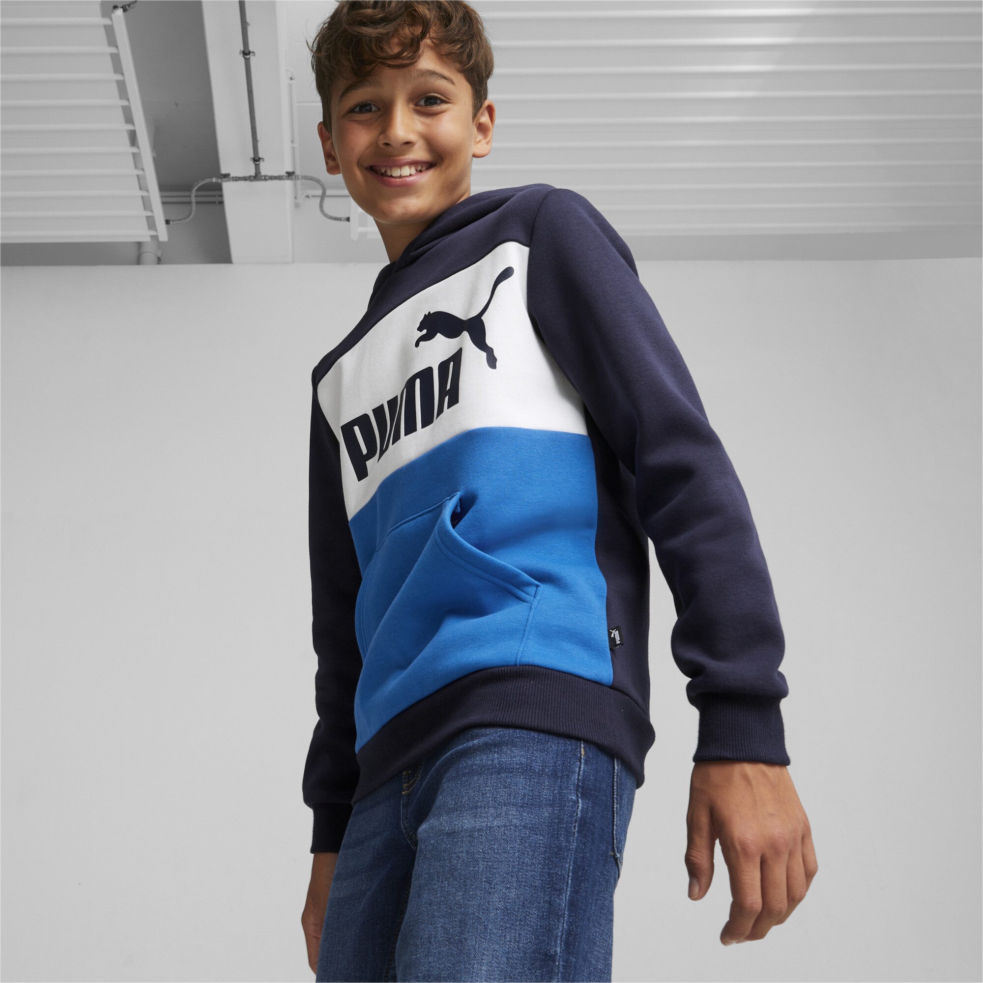 Men's Puma Essentials+ Colourblock Youth Hoodie, Blue, Size 11-12Y, Clothing