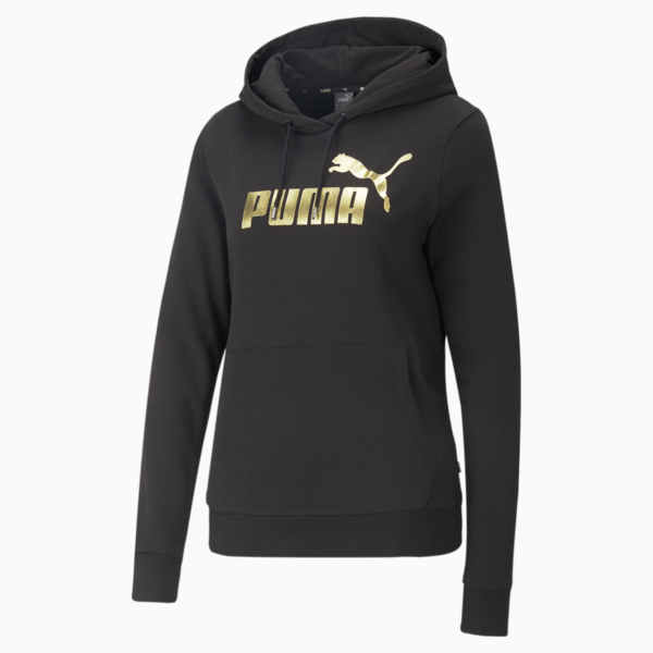 Essentials+ Metallic Logo Women's Hoodie, PUMA Black-Gold, large-MEX