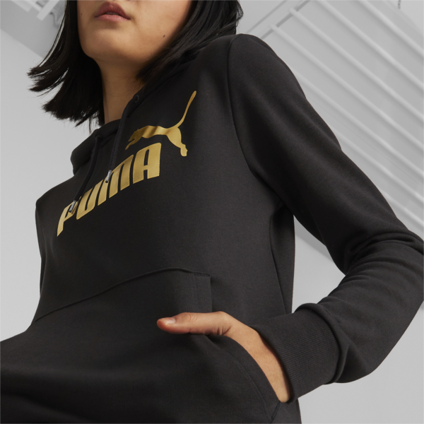 Essentials+ Metallic Logo Women's Hoodie, PUMA Black-Gold, large-MEX