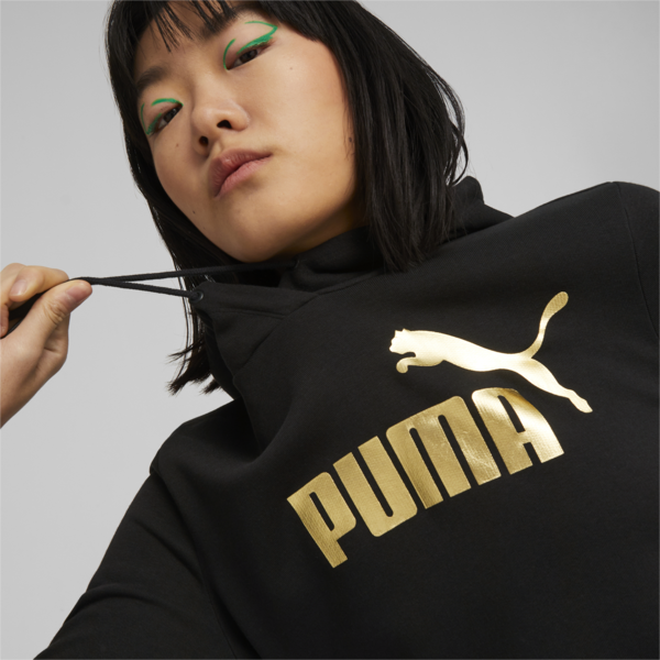 Essentials+ Metallic Logo Women's Hoodie, PUMA Black-Gold, large-MEX