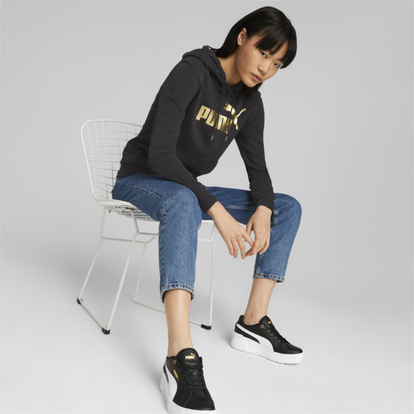 Essentials+ Metallic Logo Women's Hoodie, PUMA Black-Gold, large-MEX