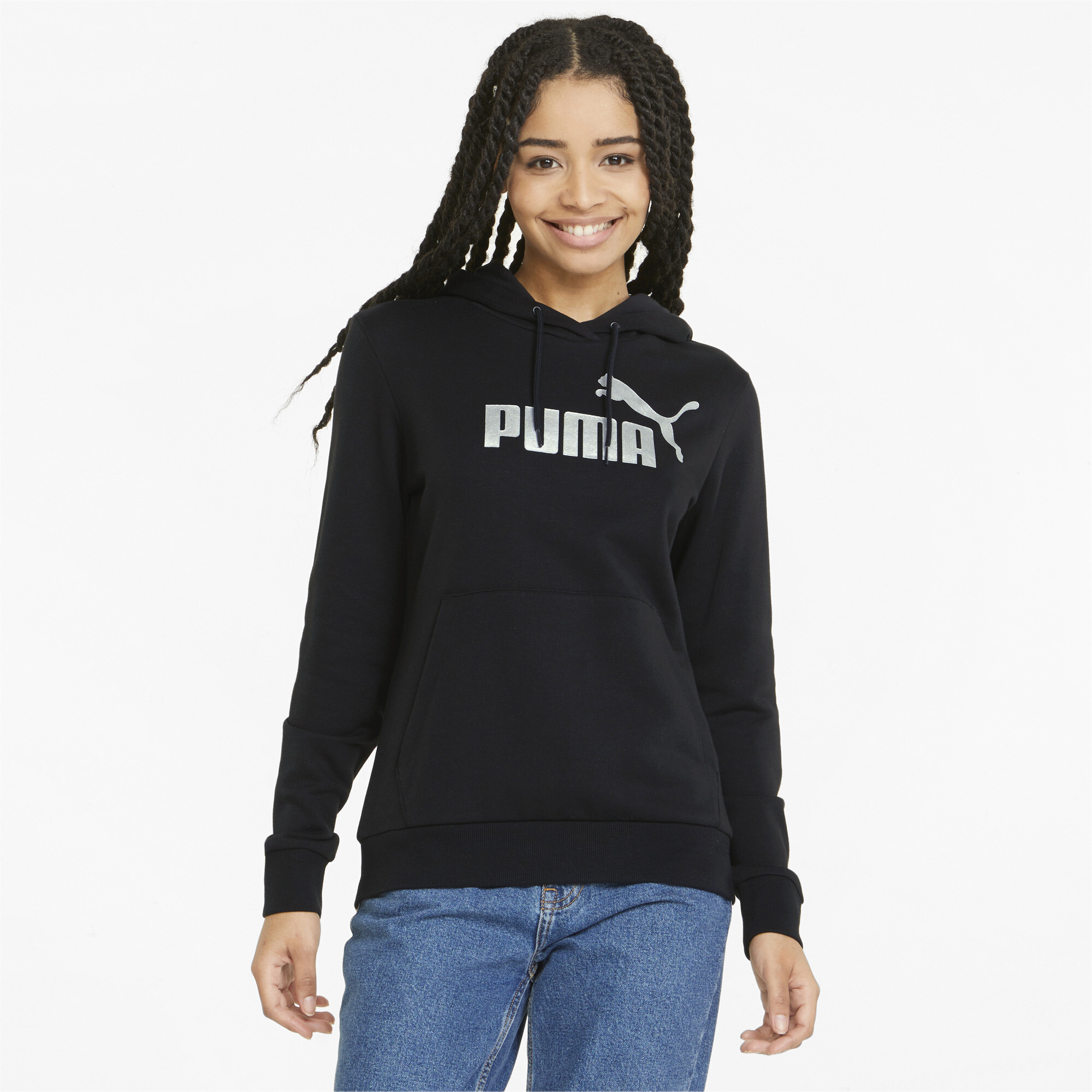 Women's Puma Essentials+ Metallic Logo's Hoodie, Black, Size M, Clothing