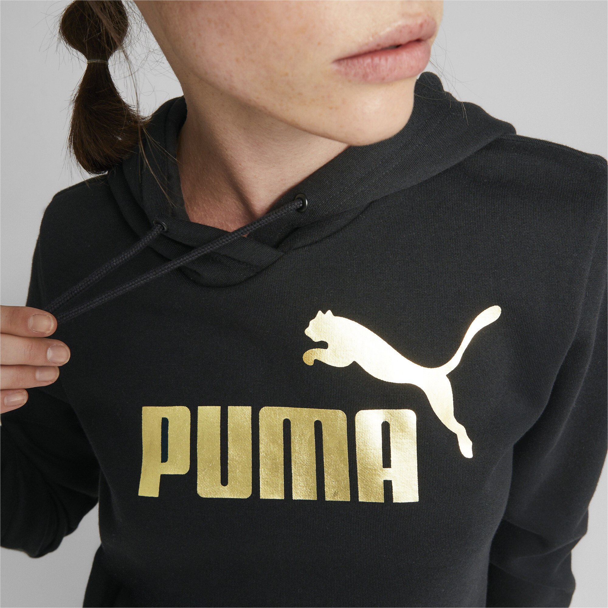 Women's Puma Essentials+ Metallic Logo Hoodie, Black, Size XS, Clothing