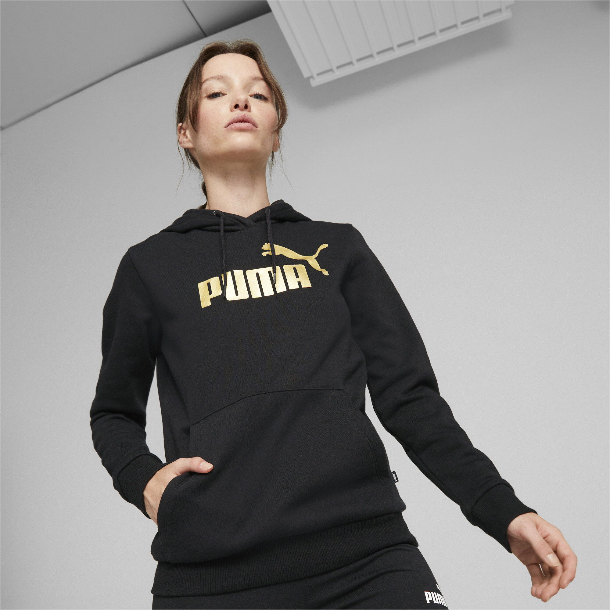 Women's Puma Essentials+ Metallic Logo Hoodie, Black, Size XS, Clothing