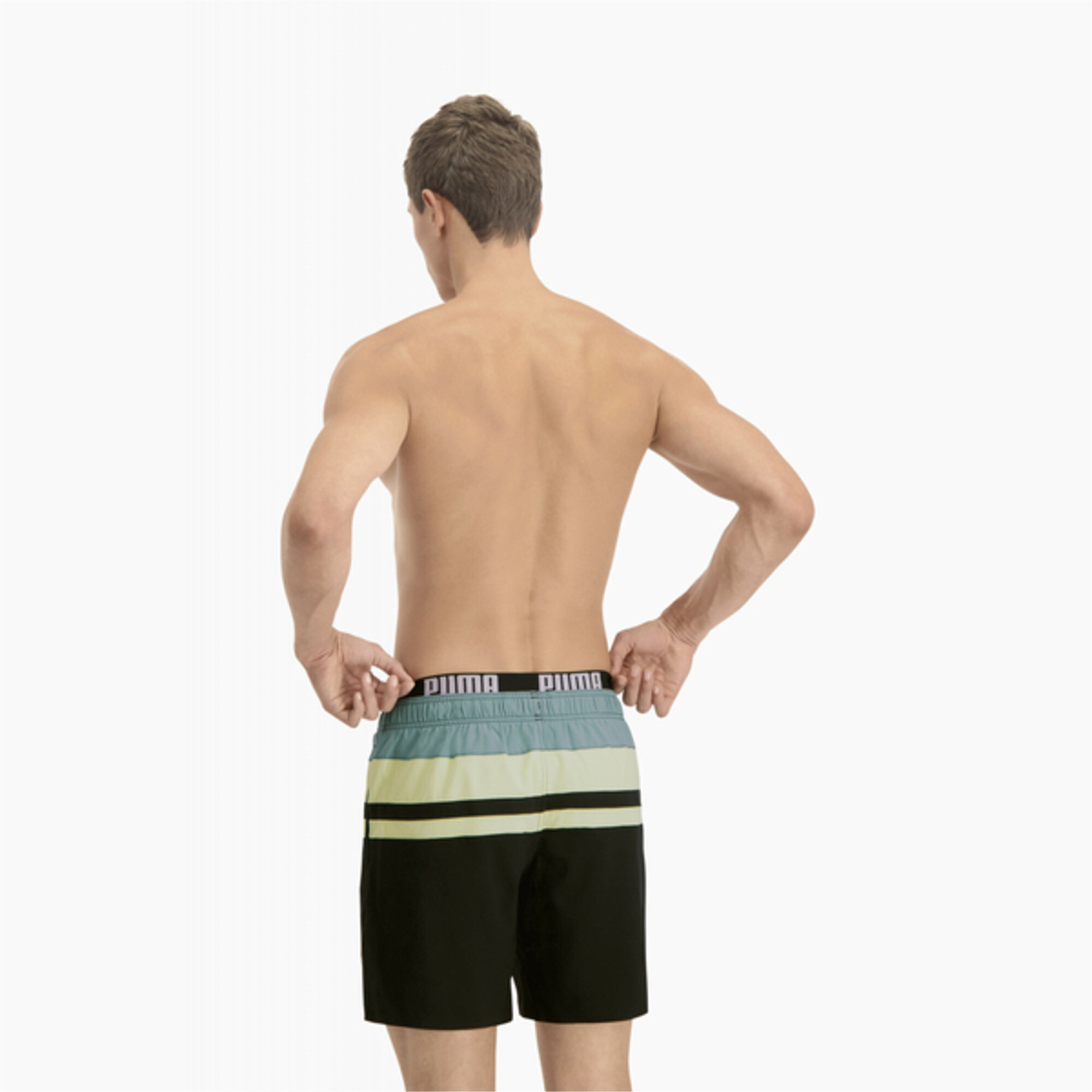 Men's PUMA Swim Heritage Stripe Mid-Length Shorts In Sea Green, Size XS