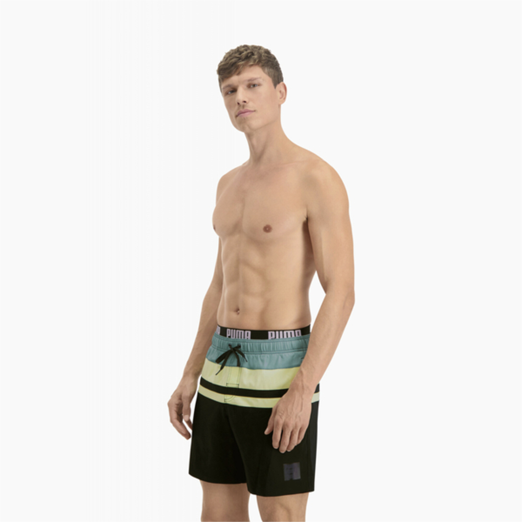 Men's PUMA Swim Heritage Stripe Mid-Length Shorts In Sea Green, Size Small