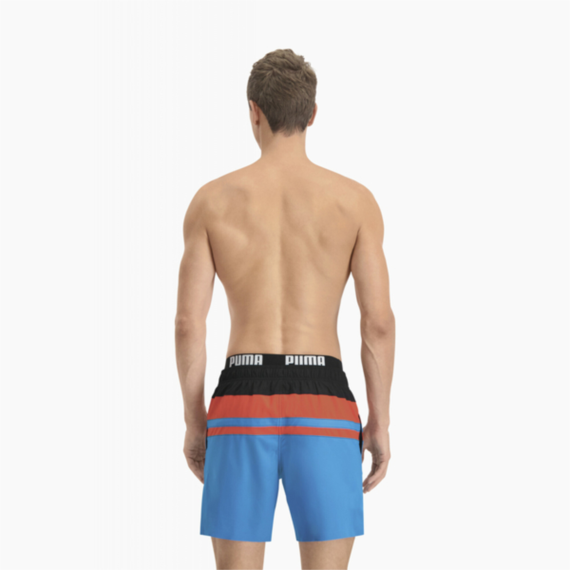 Men's PUMA Swim Heritage Stripe Mid-Length Shorts In Blue Combo, Size Medium