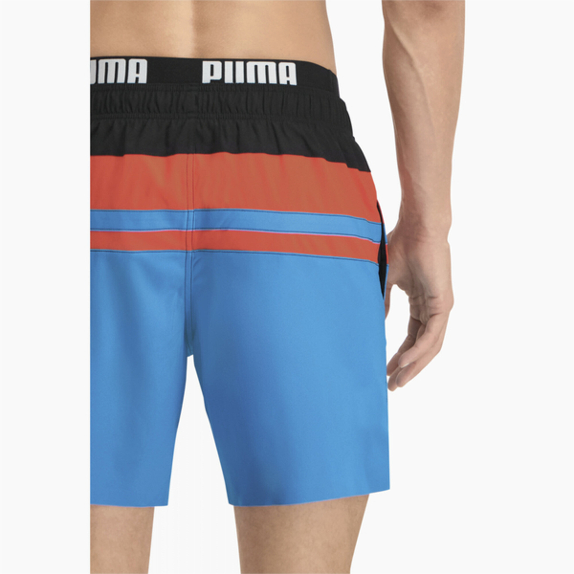 Men's PUMA Swim Heritage Stripe Mid-Length Shorts In Blue Combo, Size XS