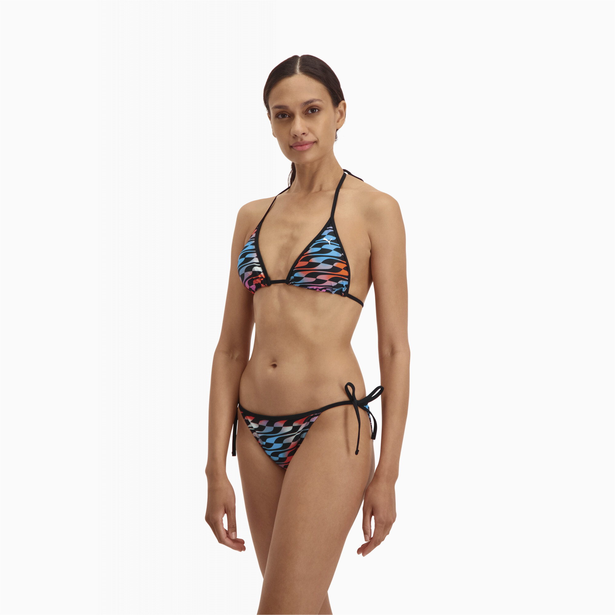 Women's PUMA Swim Formstrip Side Tie Bikini Brief In Black Combo, Size Large