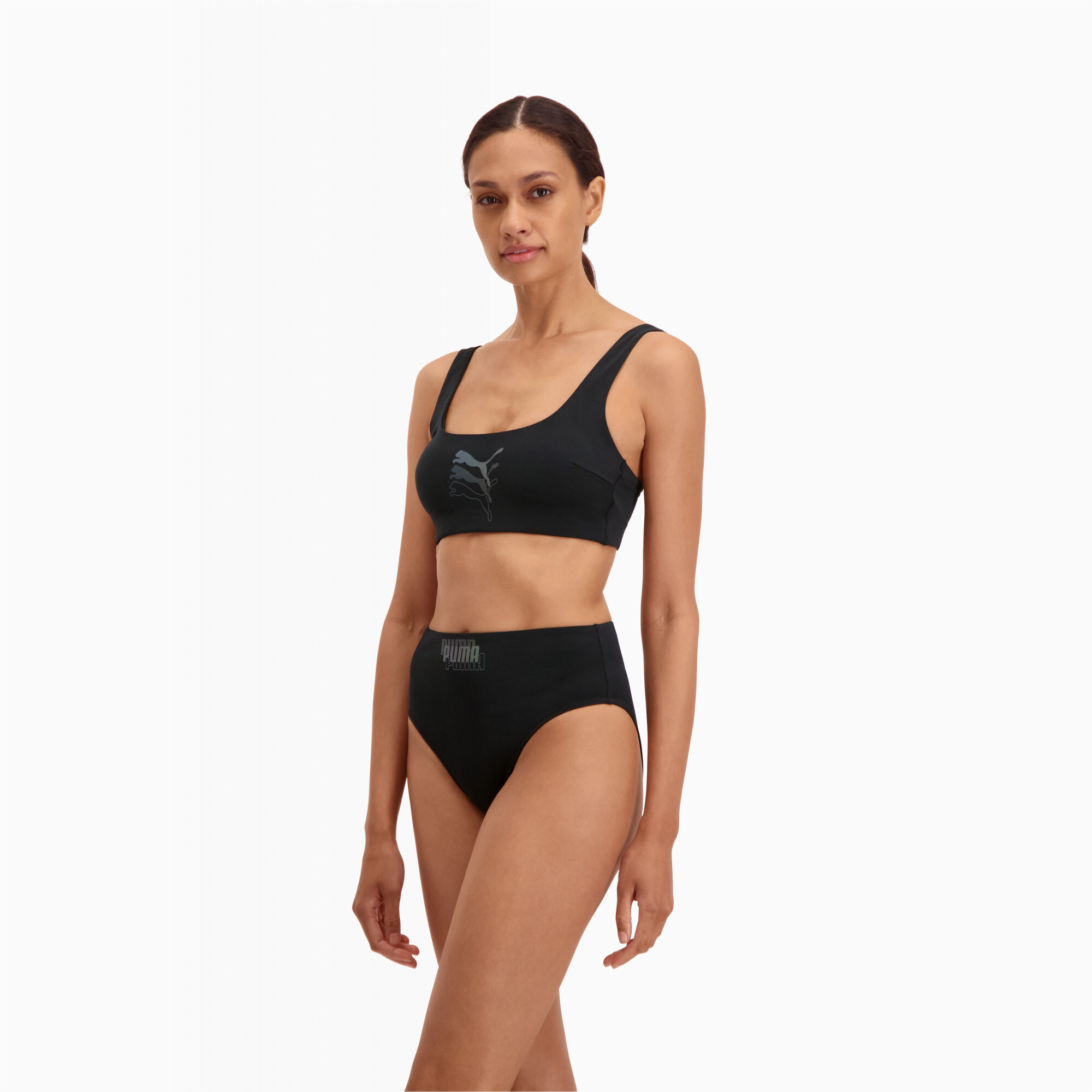 Women's PUMA Swim Scoop Neck Bikini Top In Black Combo, Size Large, Nylon