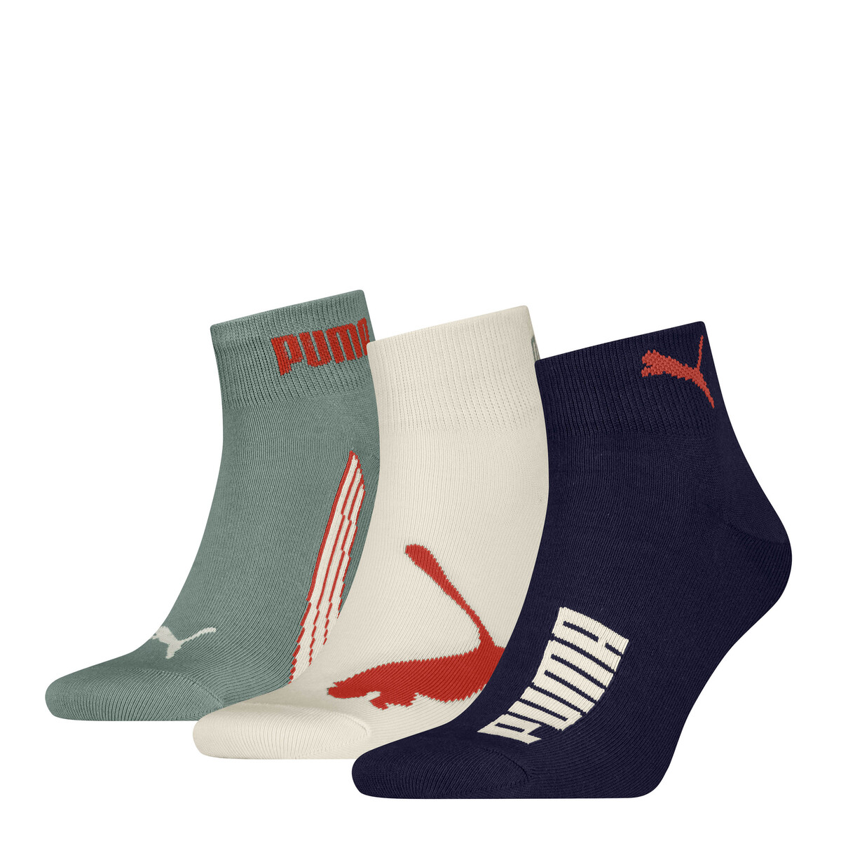 PUMA Unisex Quarter Socks 3 Pack in Navy/Green, 2.5-5
